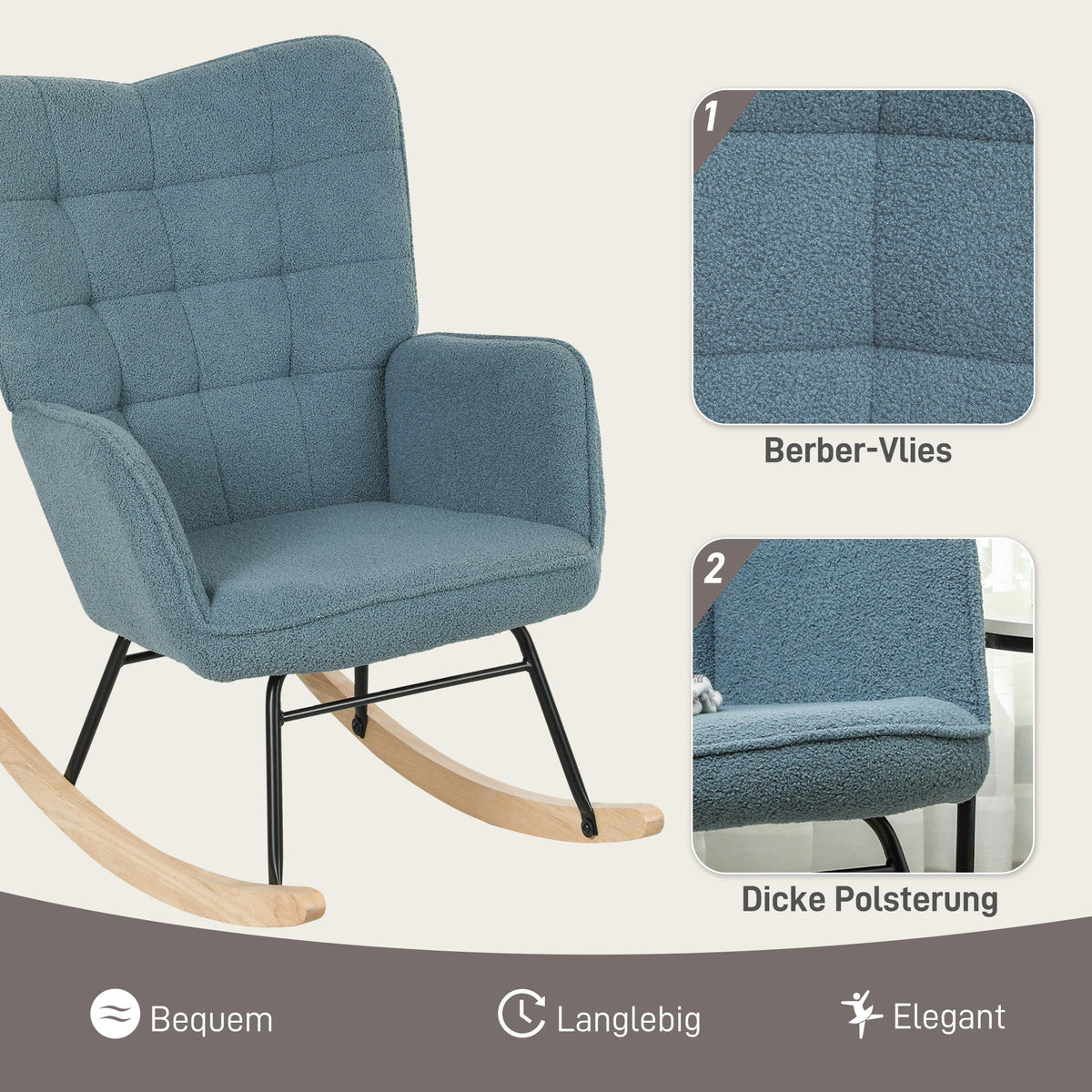Rocking Chair Upholstered Armrest Wooden Runners 120kg Light Blue Berber Fleece