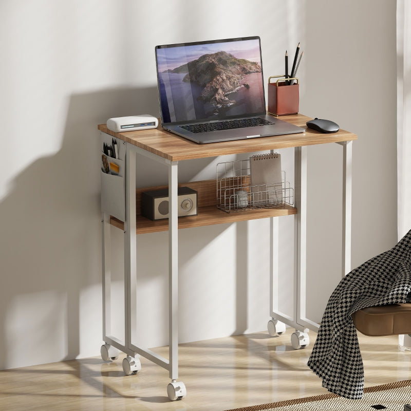Folding Desk small 63 cm with wheels, shelf, storage bag, natural