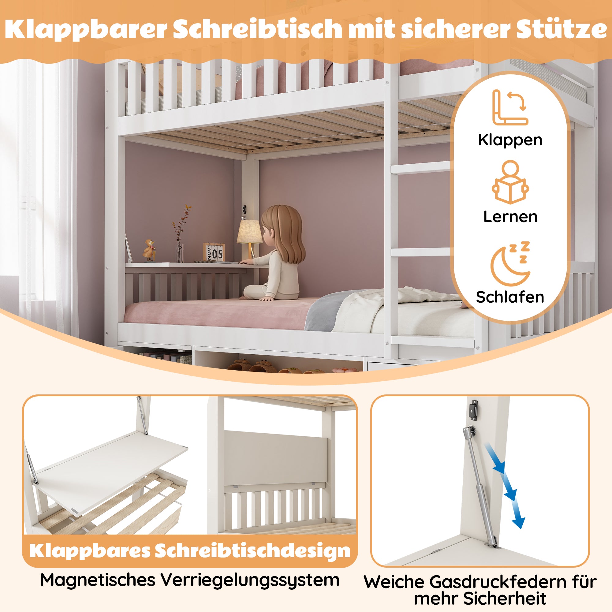 Children's Loft Bed 90x200cm with Fold-down Tabletop and Integrated Shoe Rack, White