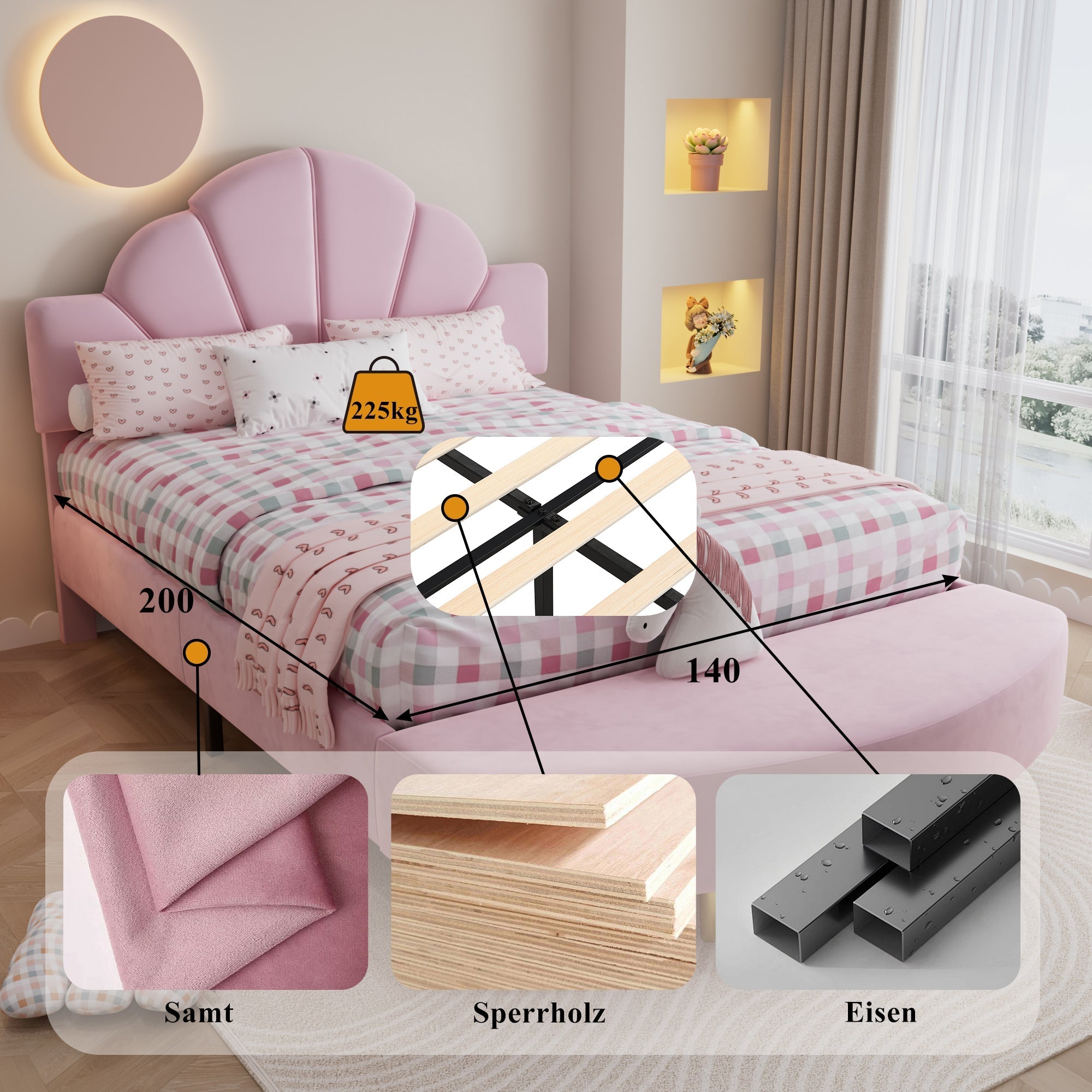 Upholstered Bed 140x200cm Velvet Headboard Matching Bench - Pink Velvet