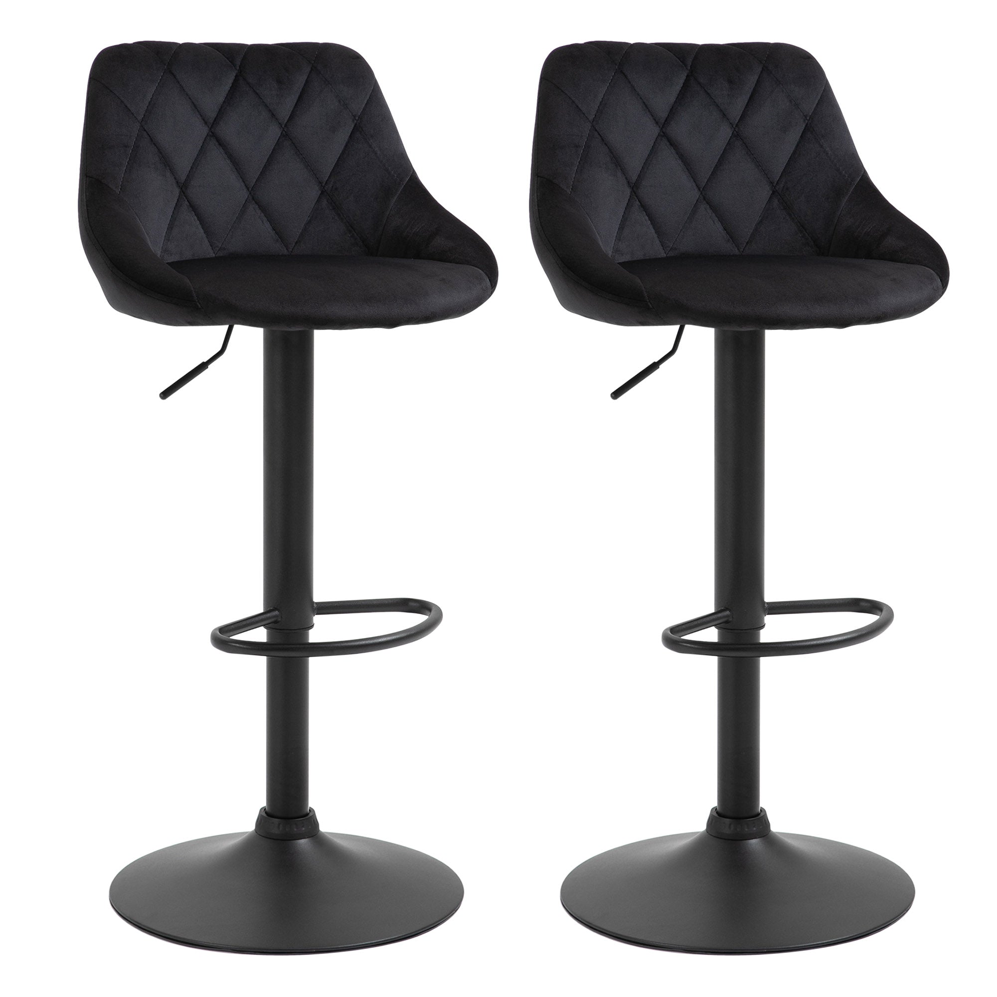 Bar Stool Set of 2, Height Adjustable with Footrest and Backrest, Velvet and Metal, Black