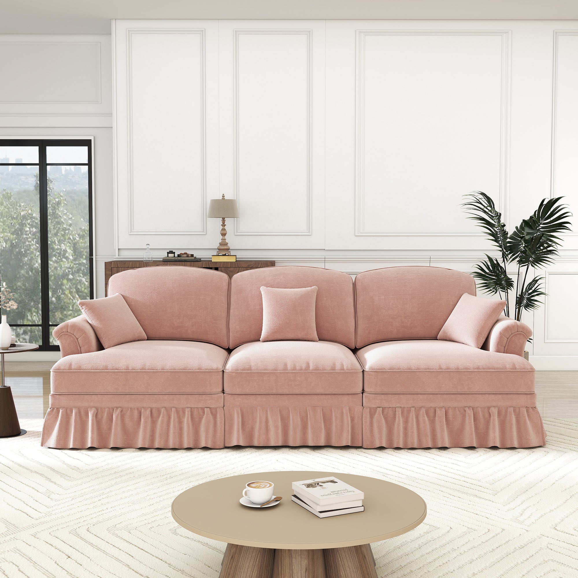 3-Seater Sofa Mid-Century Ruffled Apron Spindly Legs - Chenille Pink
