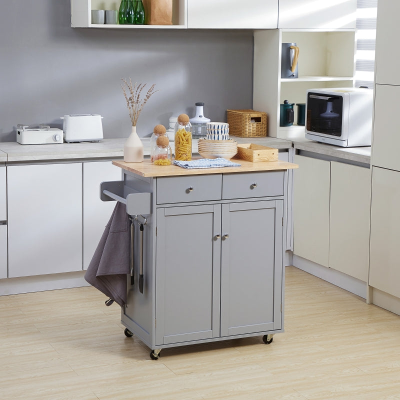 Rolling Kitchen Island, Serving Cart w/ Rubber Wood Top, Towel Rack & Storage, Grey