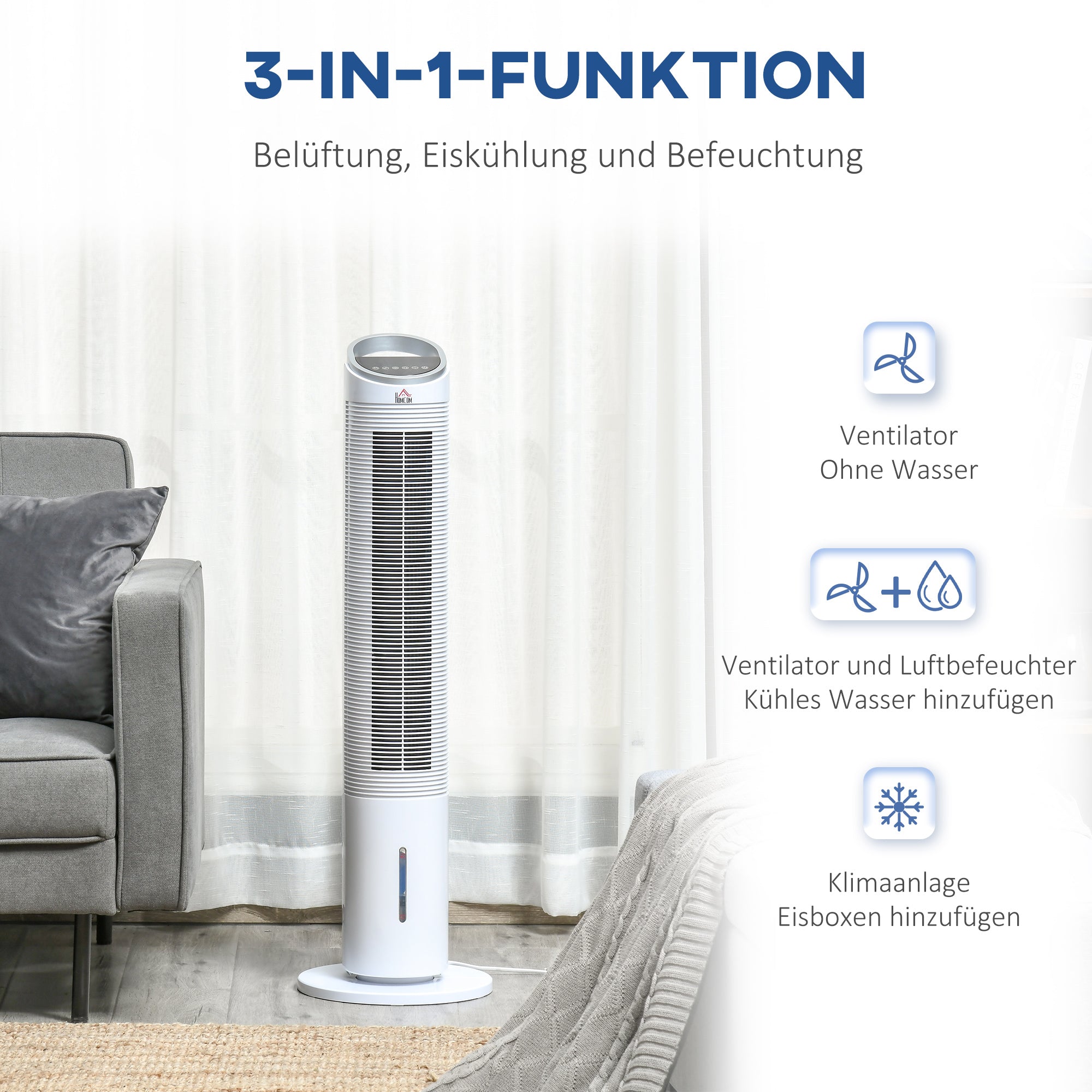 Air Cooler Tower Fan, Water Cooling, 60W, Humidification, 8h Timer, Remote Control