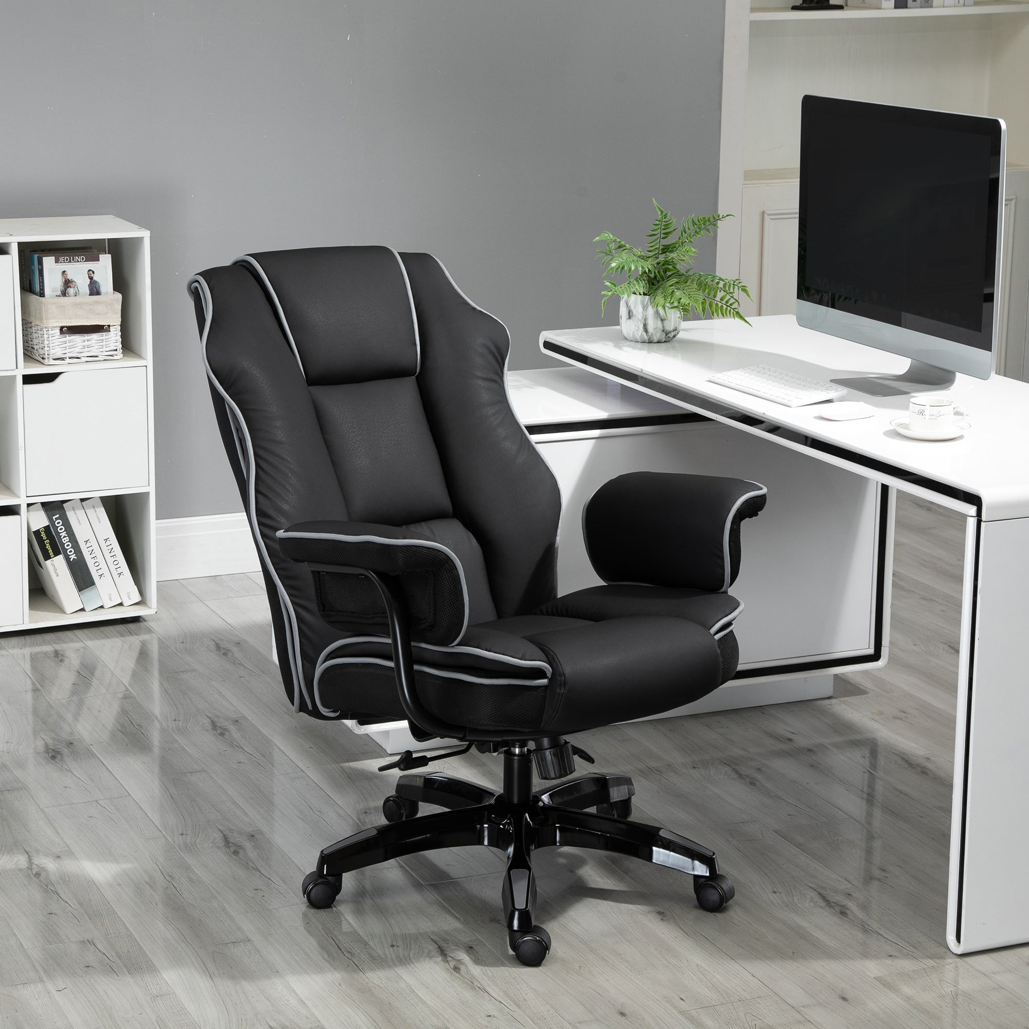 Office Chair - Height-Adjustable, Rocking, 360° Swivel, Armrests, Ergonomic - Faux Leather Black