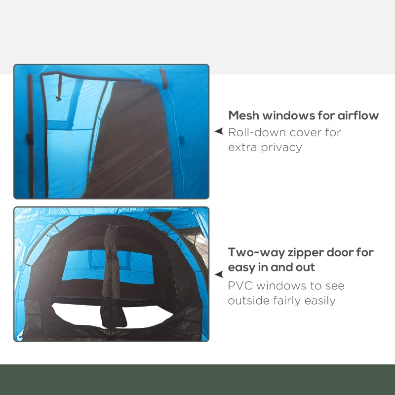 3-4 Man Tunnel Tent, Two Room Camping Tent with Windows, Portable Carry Bag - Blue