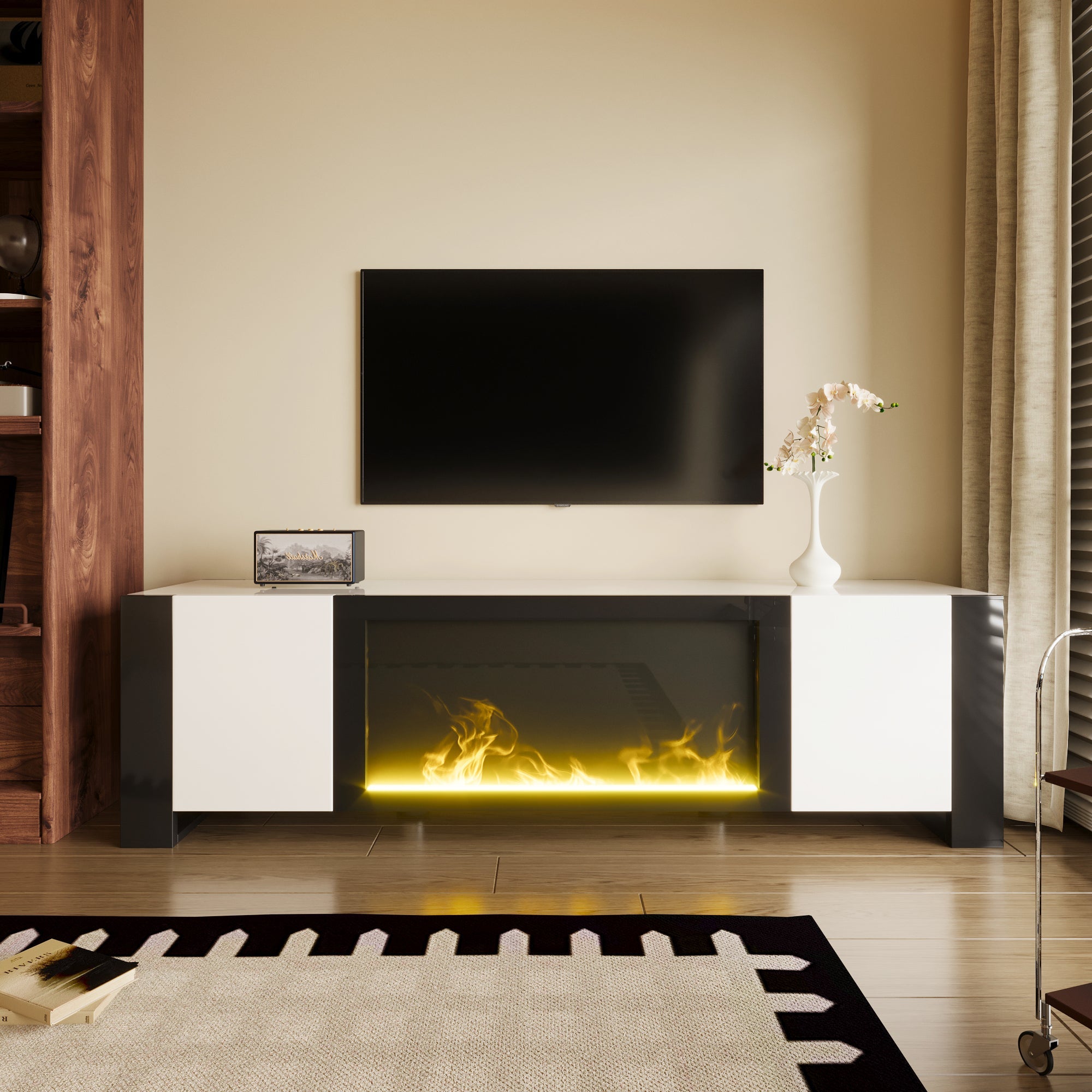 TV Cabinet, Lowboard Electric Fireplace High Gloss, White and Black