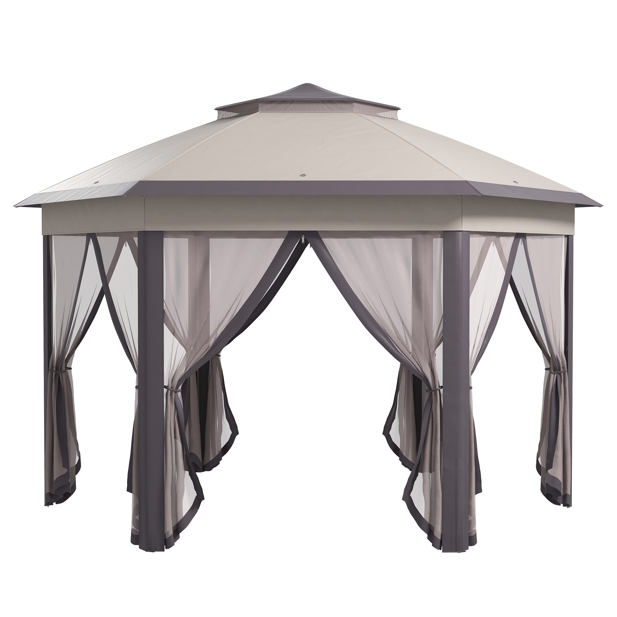Garden Pavilion Folding Pop-Up Tent 4x4m 6 Side Panels Double Hexagonal Roof, Coffee/Beige