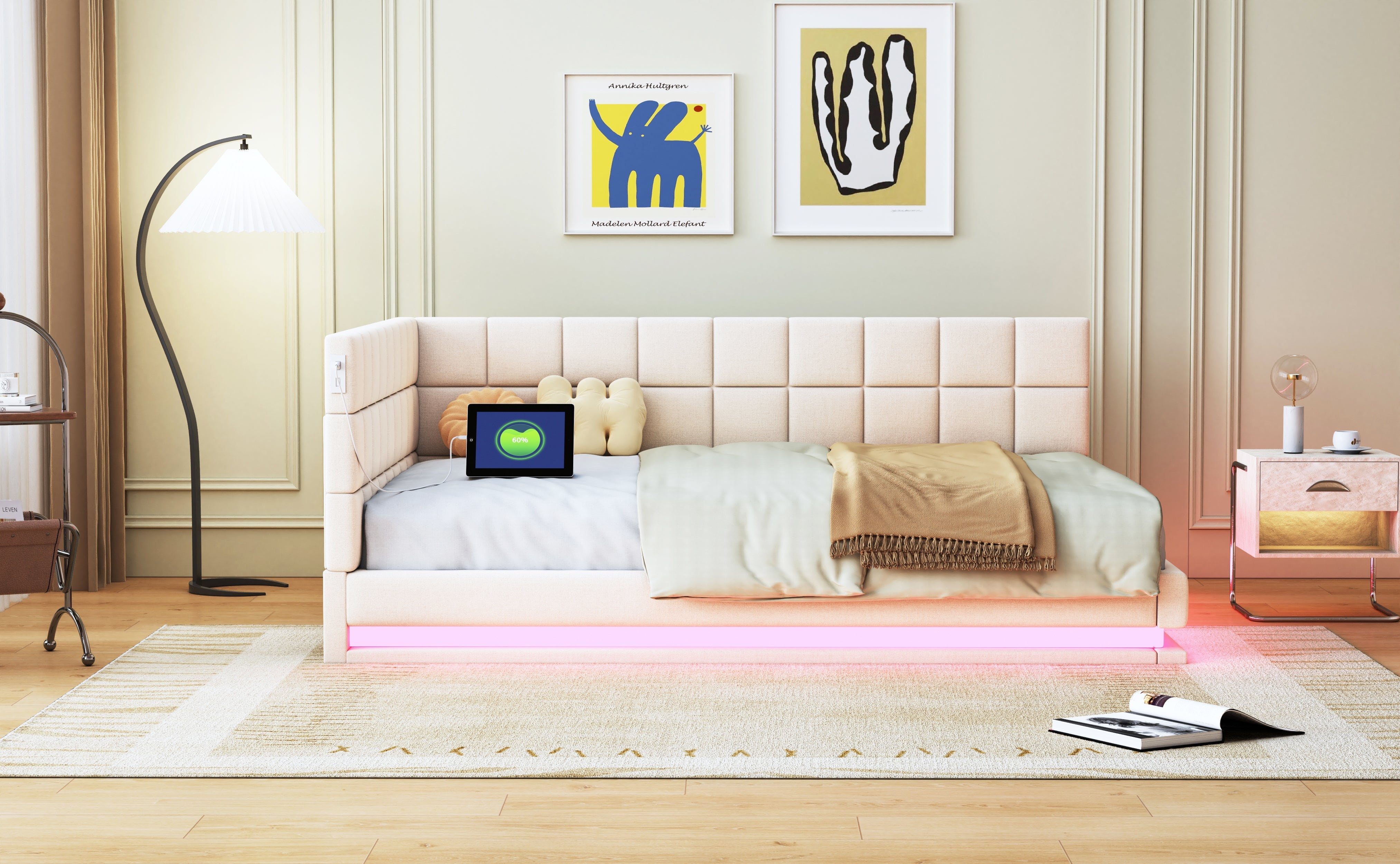 Upholstered Bed Sofa, 140x200 Multifunctional with LED & USB, Velvet Beige