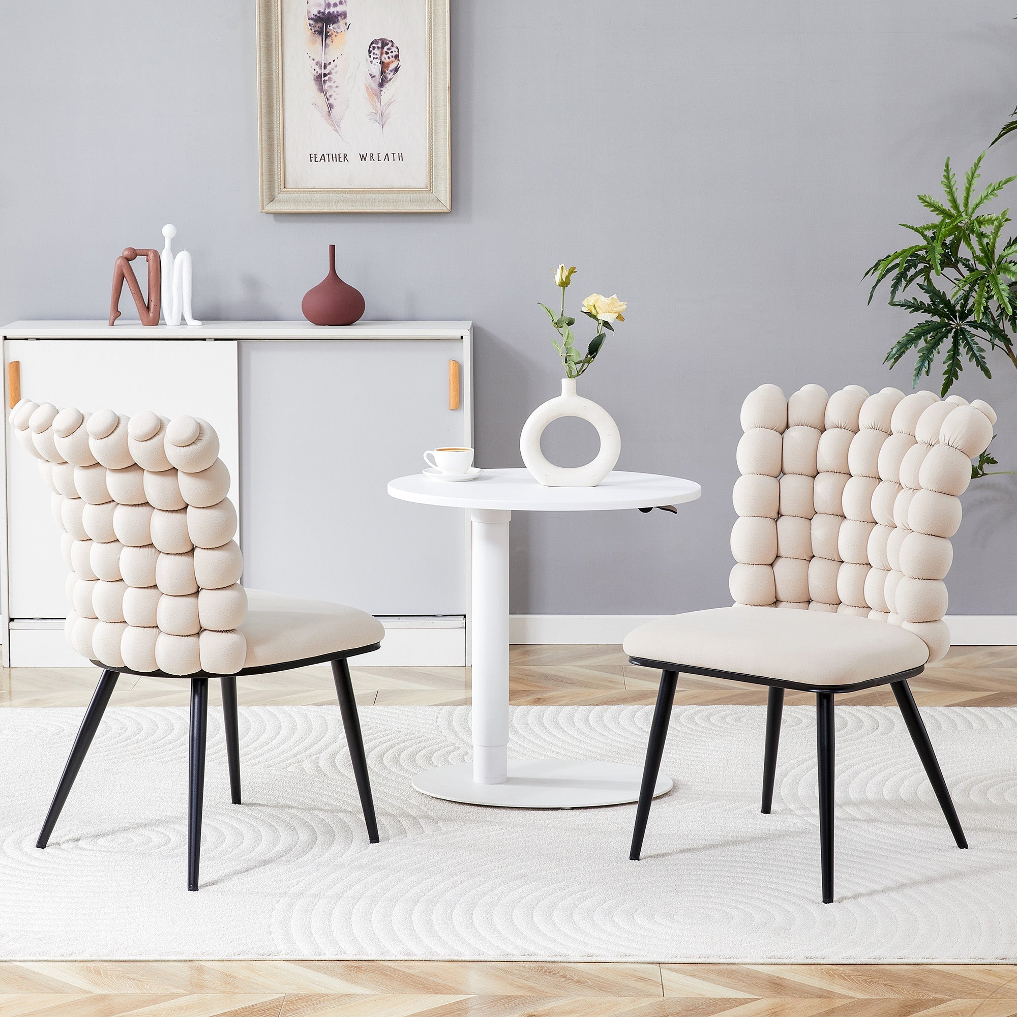 Velvet Dining Chairs Set of 2 Ball Design Metal Legs - Cream White