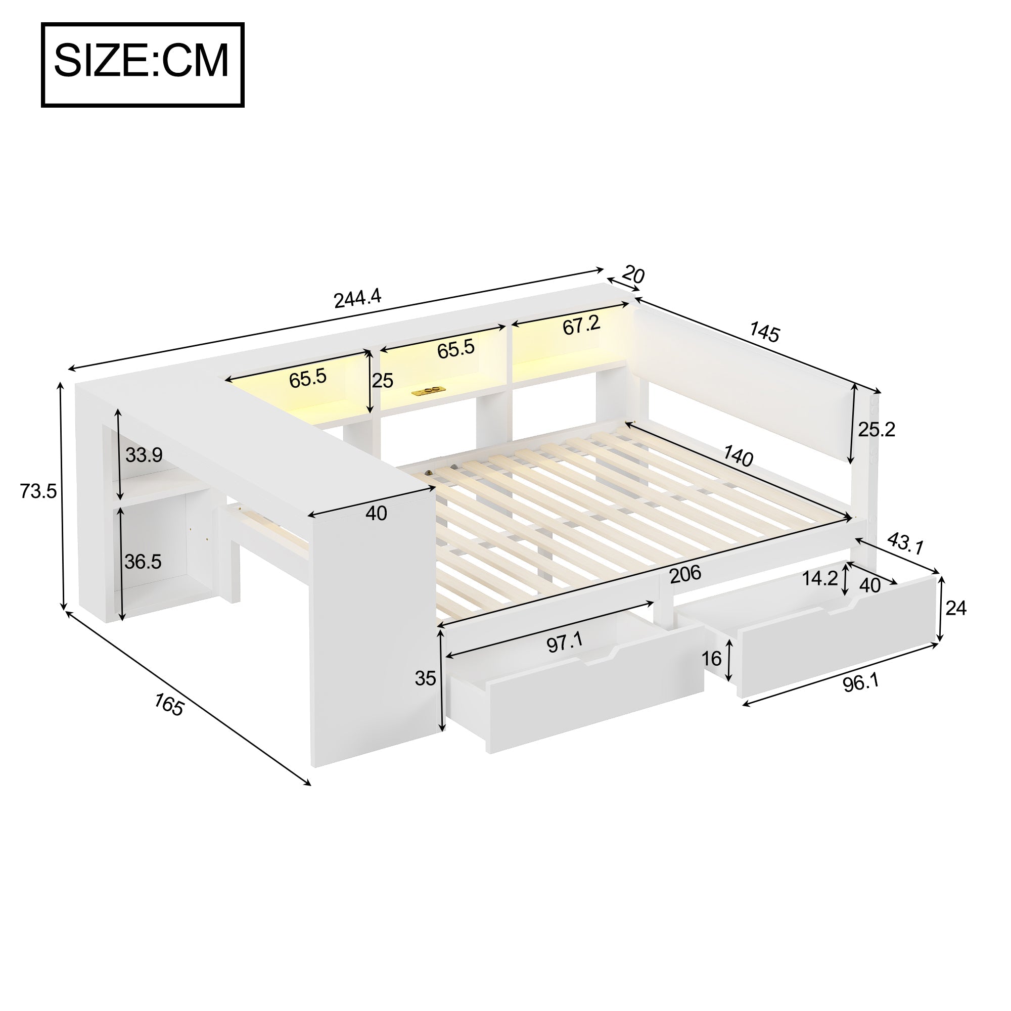 Platform Bed 140x200 Upholstered Headboard Storage Drawers LED Charge Station - White