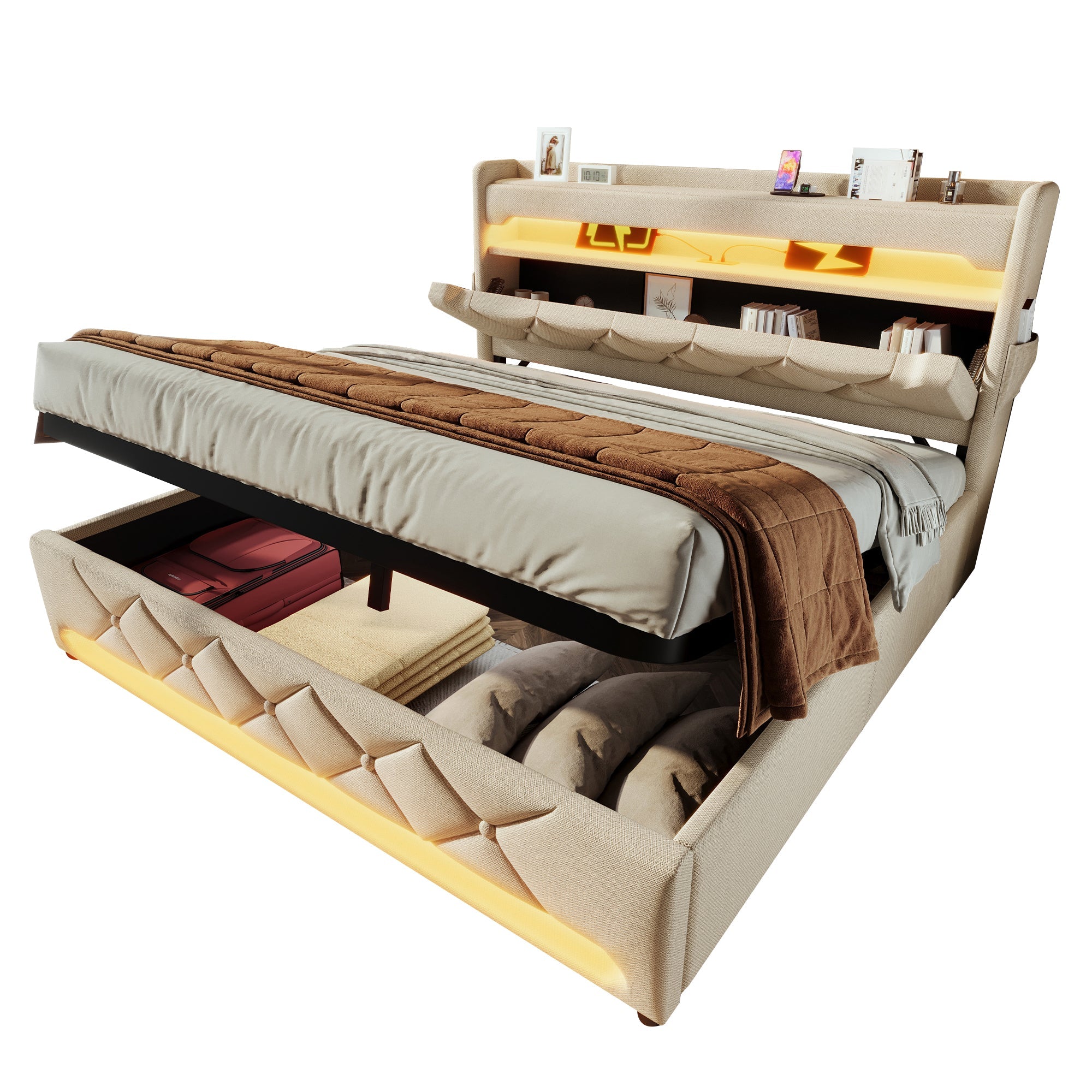 Upholstered Double Bed 140*200, Storage Headboard with USB & Type-C, 360-Surround LED, Hydraulic Lift, Beige Linen