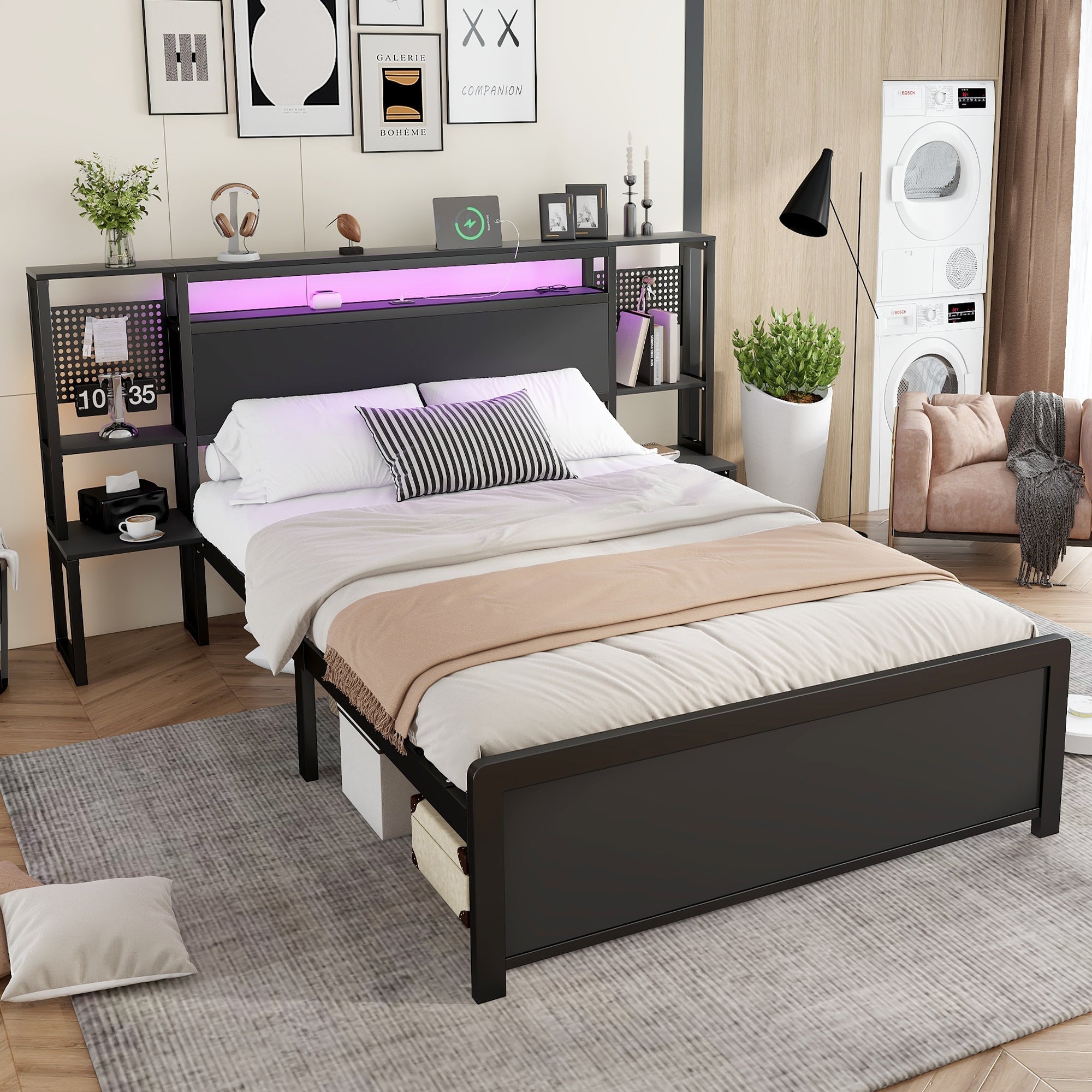 Metal Iron Bed 4ft6 Double 135x190cm with LED Lights & Charging Ports (2A/1C), One-Piece Bedside Table, Black