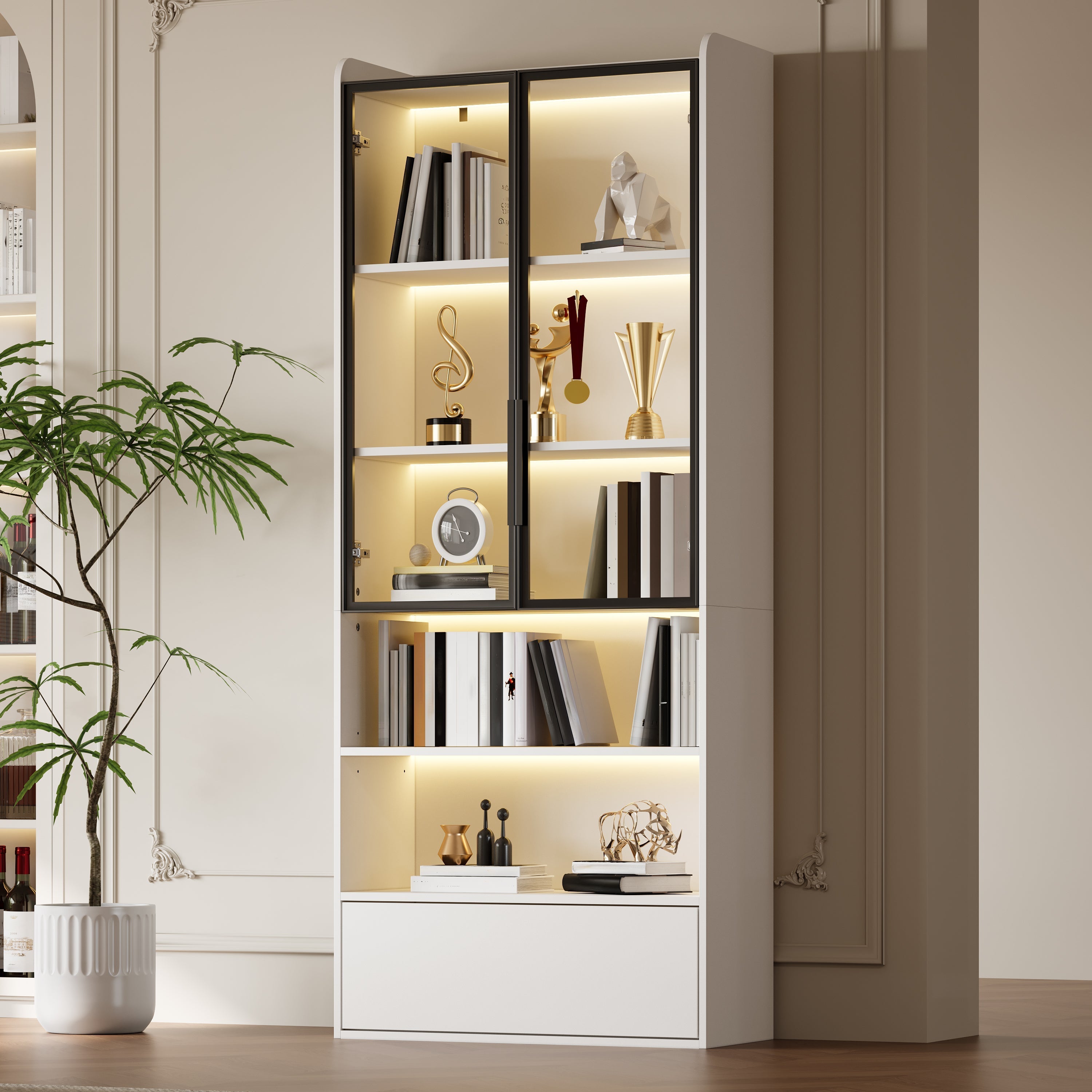 Display Cabinet 80x34x180cm Tall with 1 Drawer Glass Doors LED Lighting White
