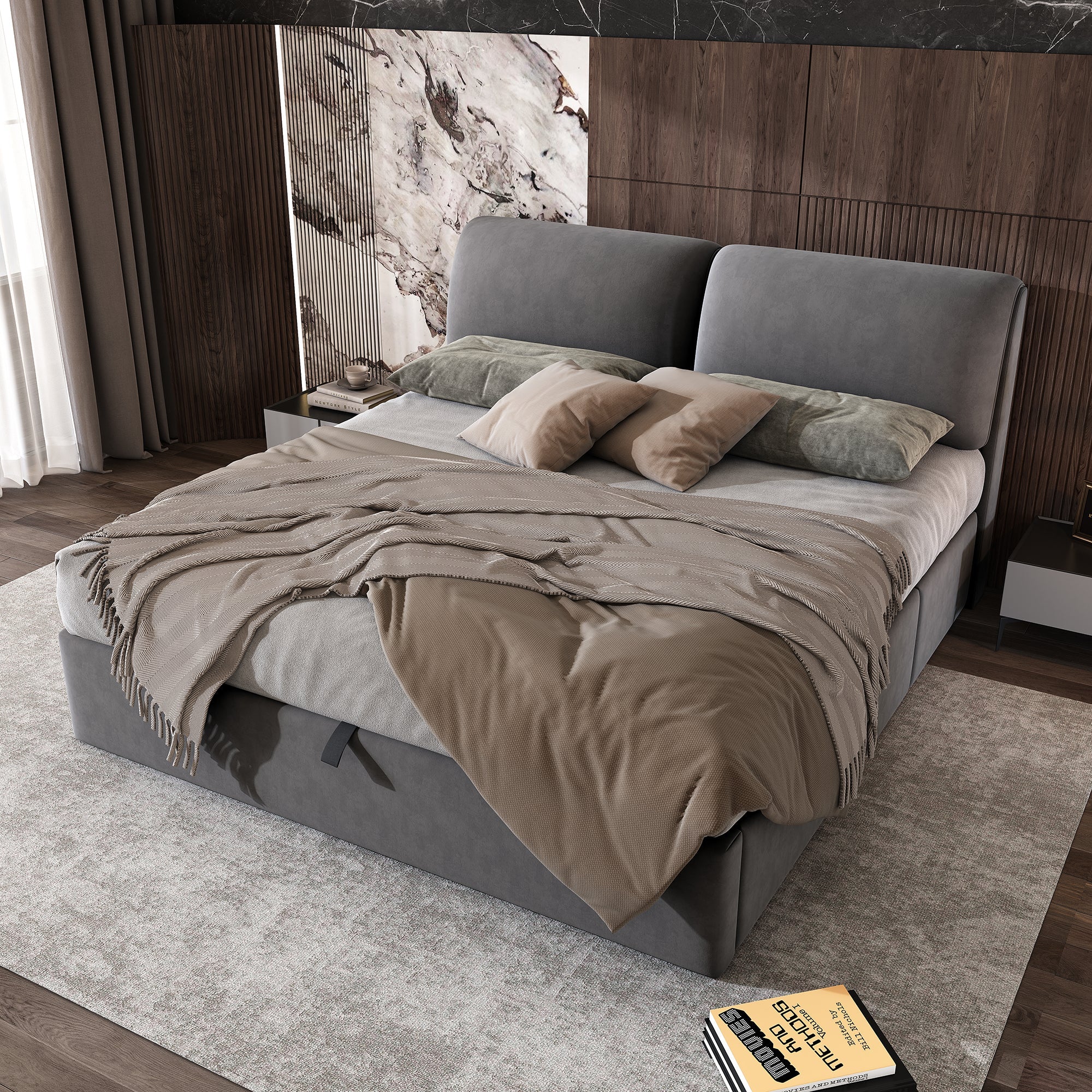Upholstered Bed with Hydraulic Storage and Three Drawers, 160x200cm, Grey Velvet