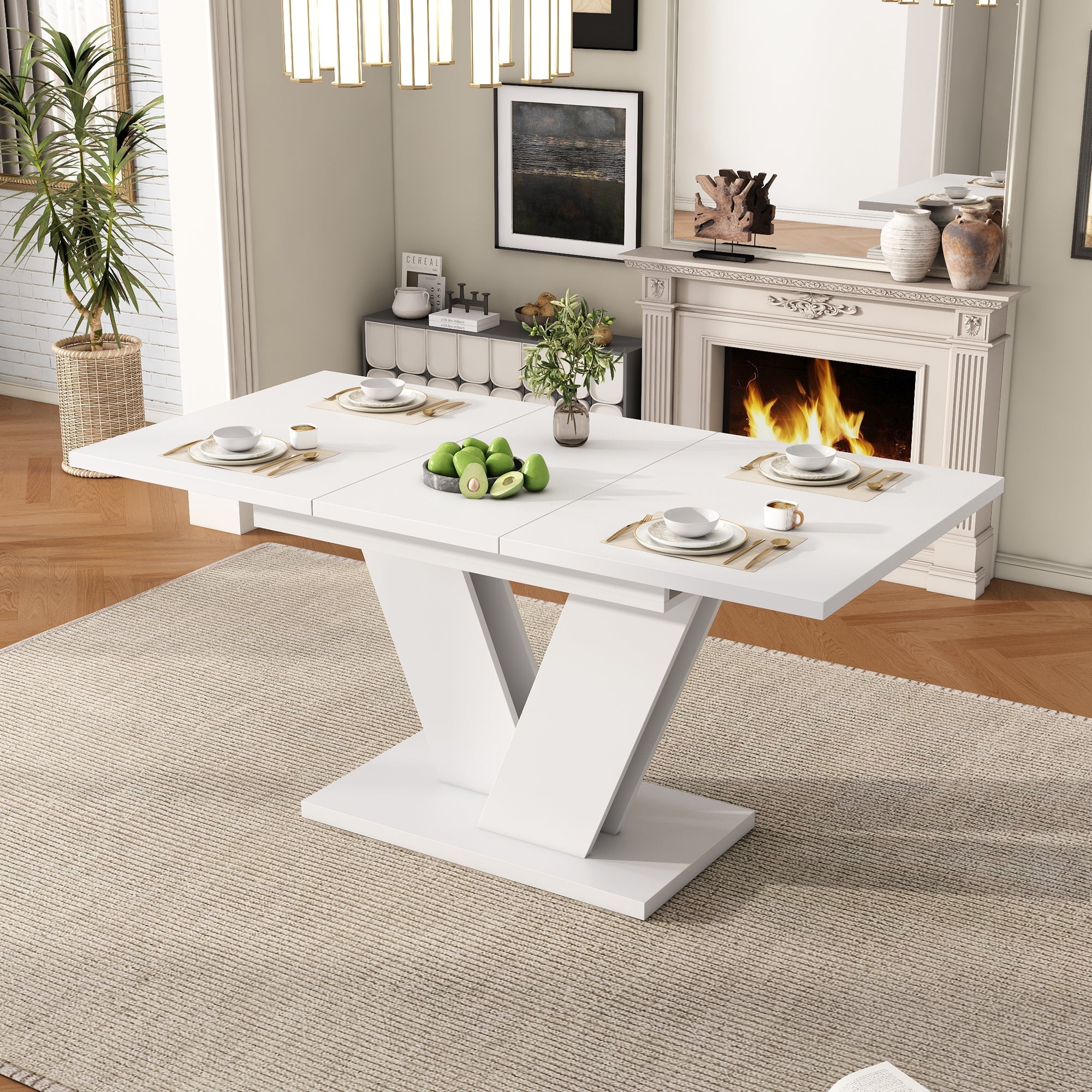 Extendable Dining Table Set with 6 Velvet Chairs and V-Shaped Legs, White and Beige