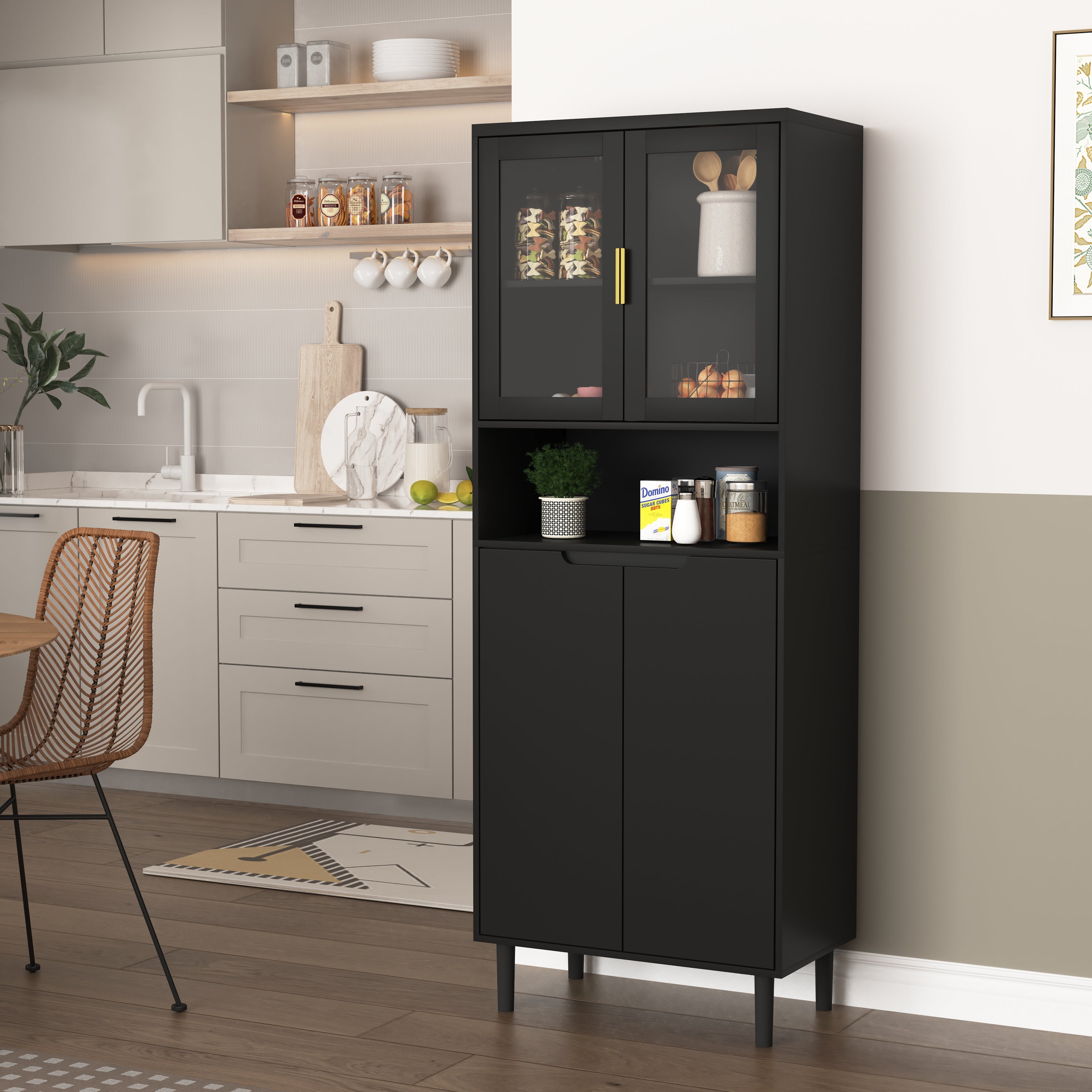 Tall Bookcase 4-Door Storage with Tempered Glass and Adjustable Shelf - Black MDF