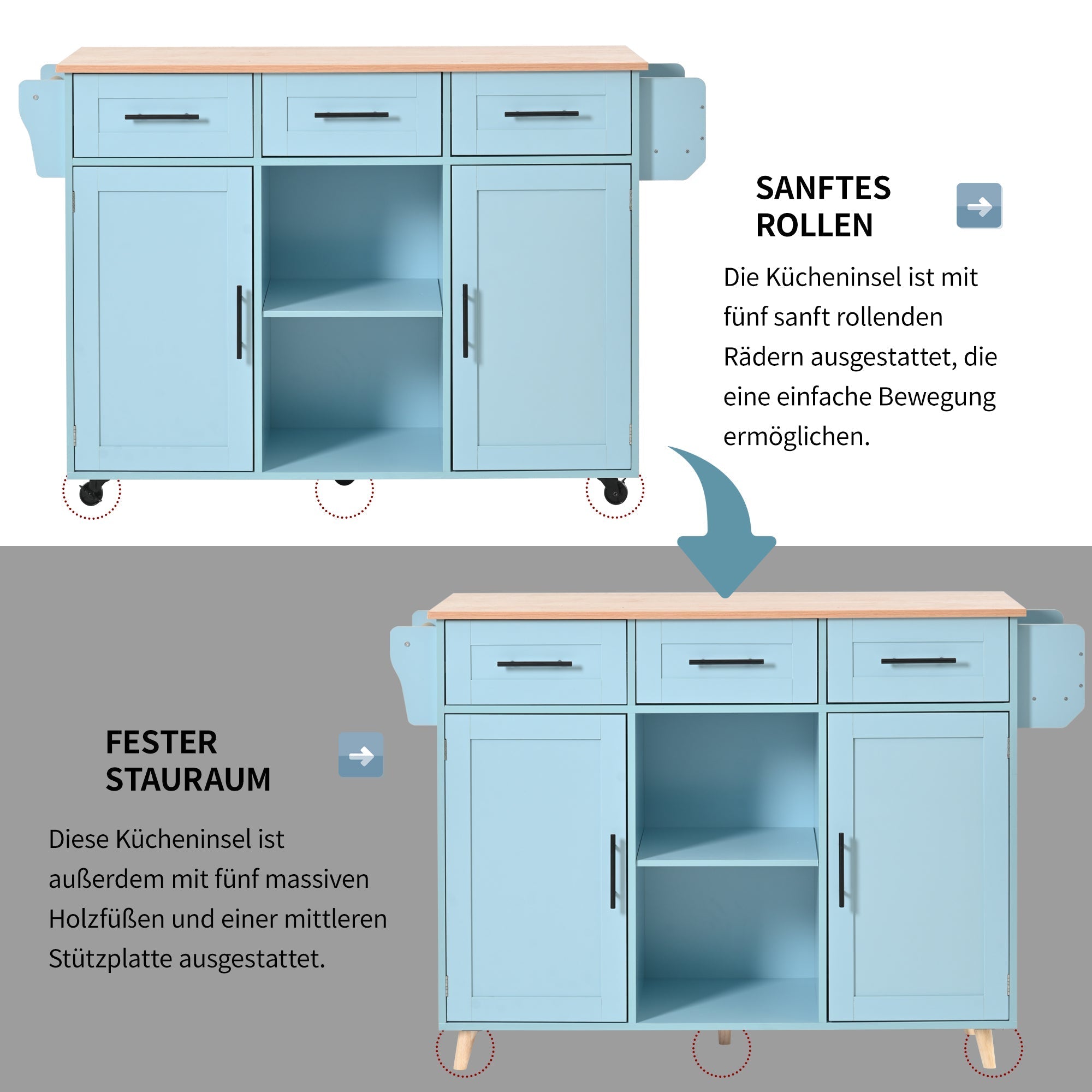 Dining Trolley Sideboard Extendable Fold-Down Worktop Storage Casters Blue/Solid Wood Grain