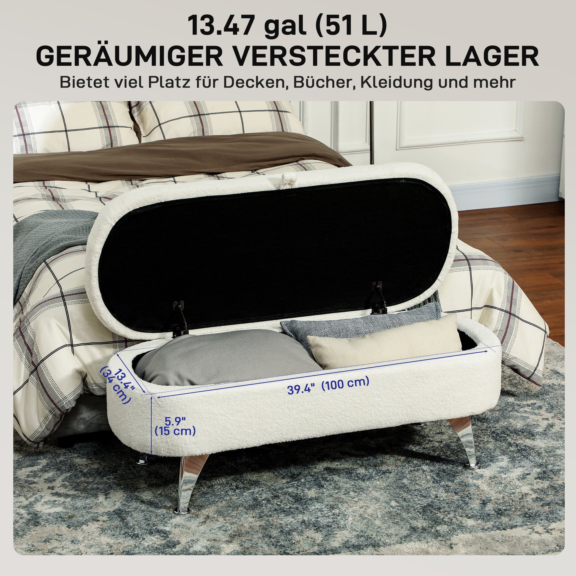 Bench with Storage, Upholstered with Lid, Metal Frame, White