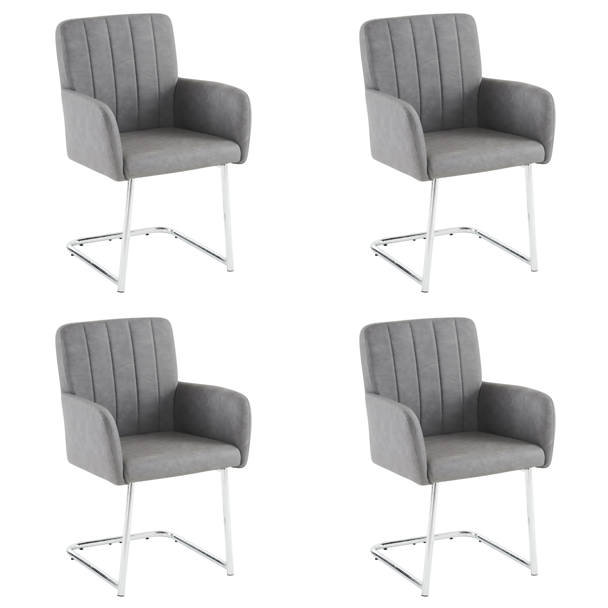 Set of 4 Dining Chairs with Vertical Stripes and Zigzag Metal Legs, Grey Faux Leather