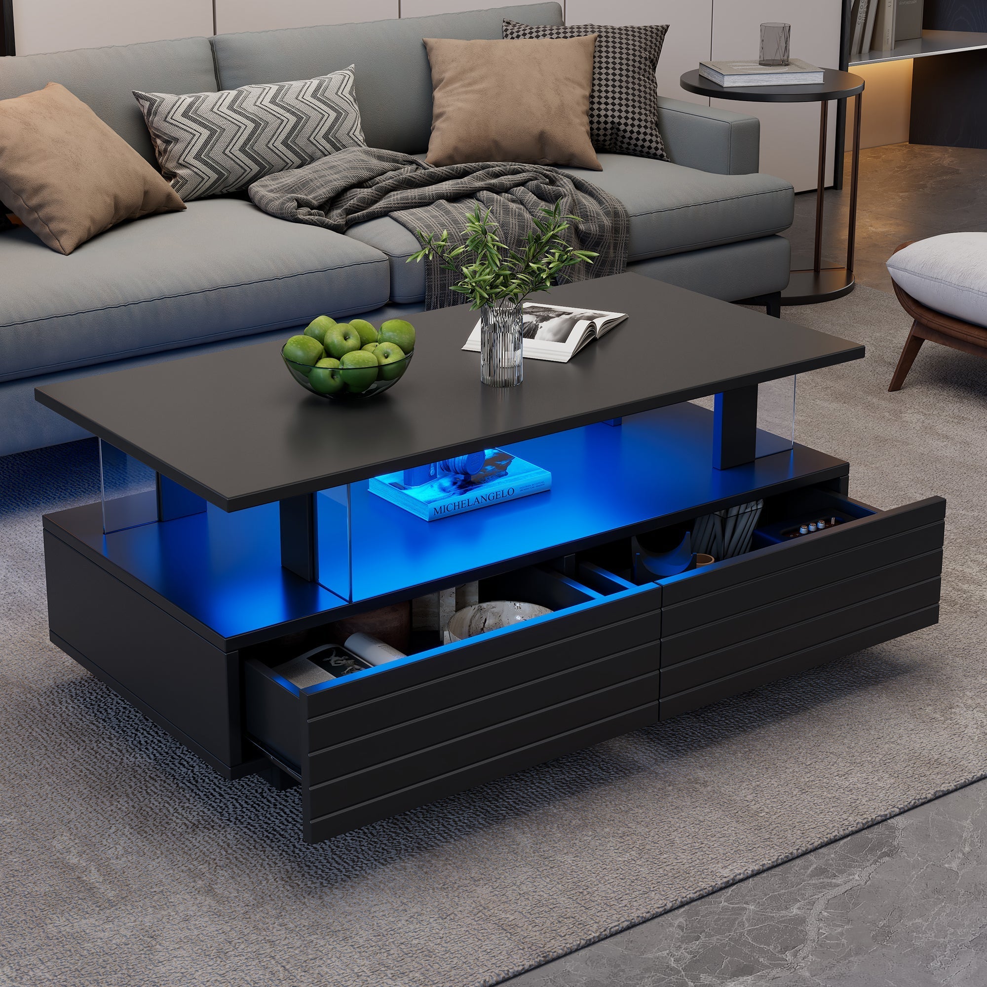 LED Coffee Table Double-Layer Rectangular Storage Bluetooth App Control, Black Acrylic