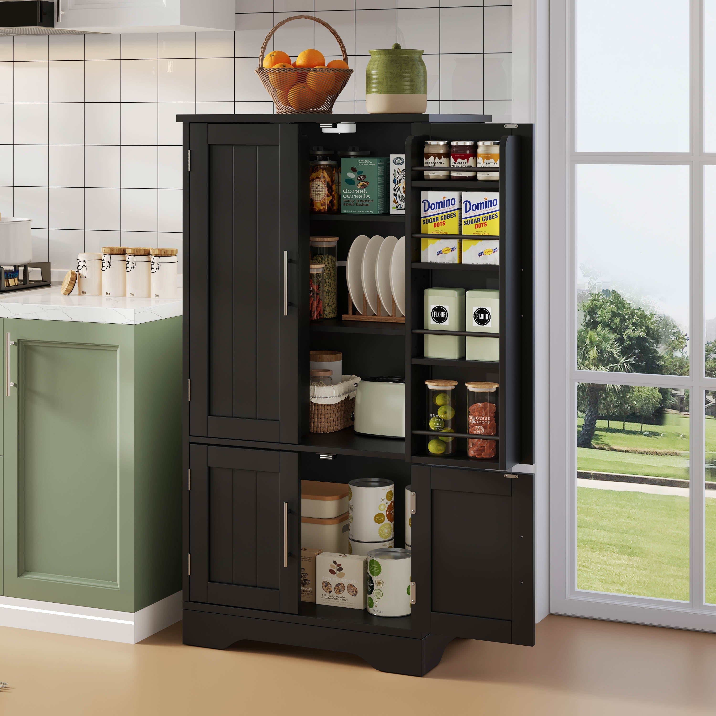 Küchenschrank 4-türig Aufbewahrung 120x60x40cm LED Sensorleuchte Schwarz