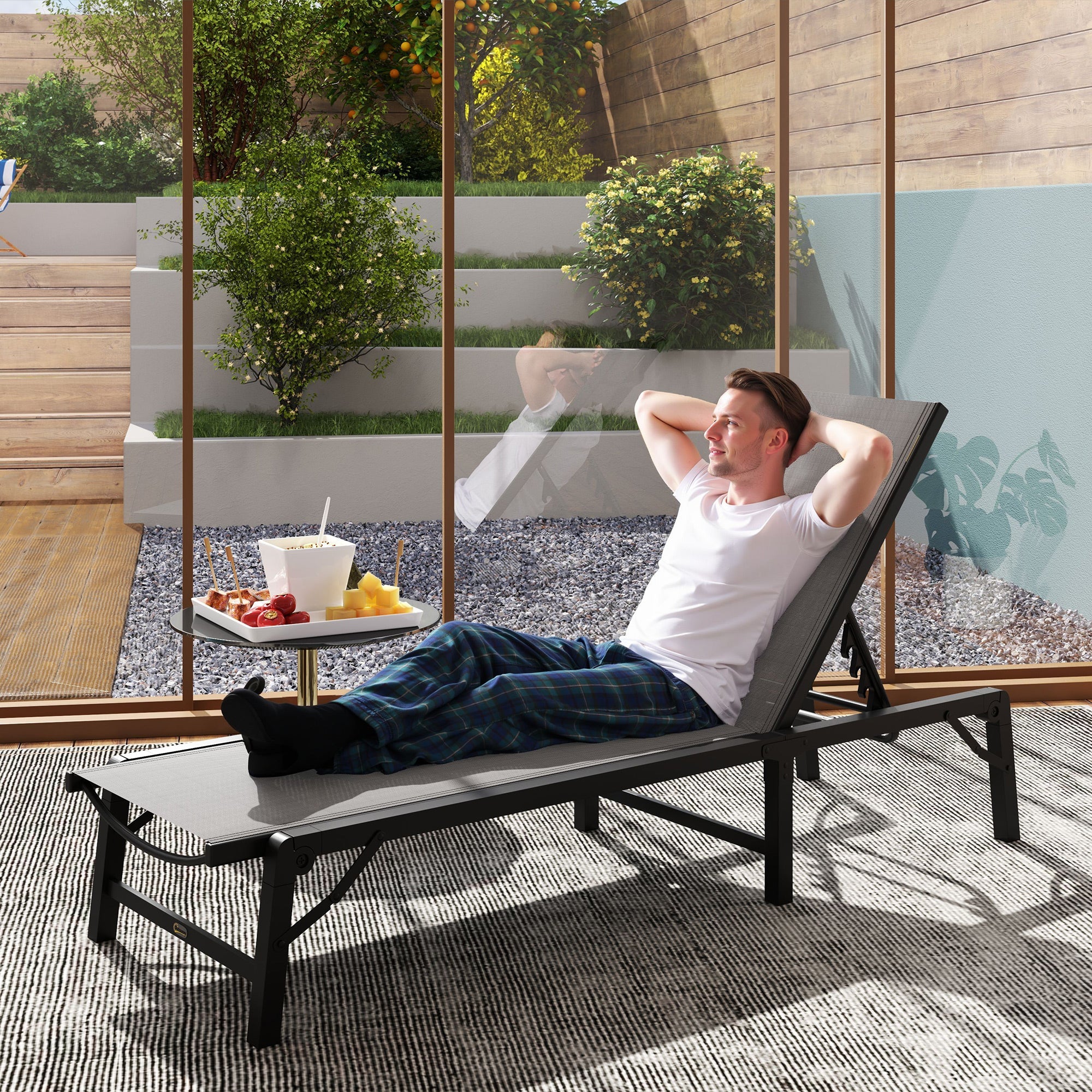 Folding Sun Lounger, 5-Position Adjustable Reclining with Steel Frame, Light Grey