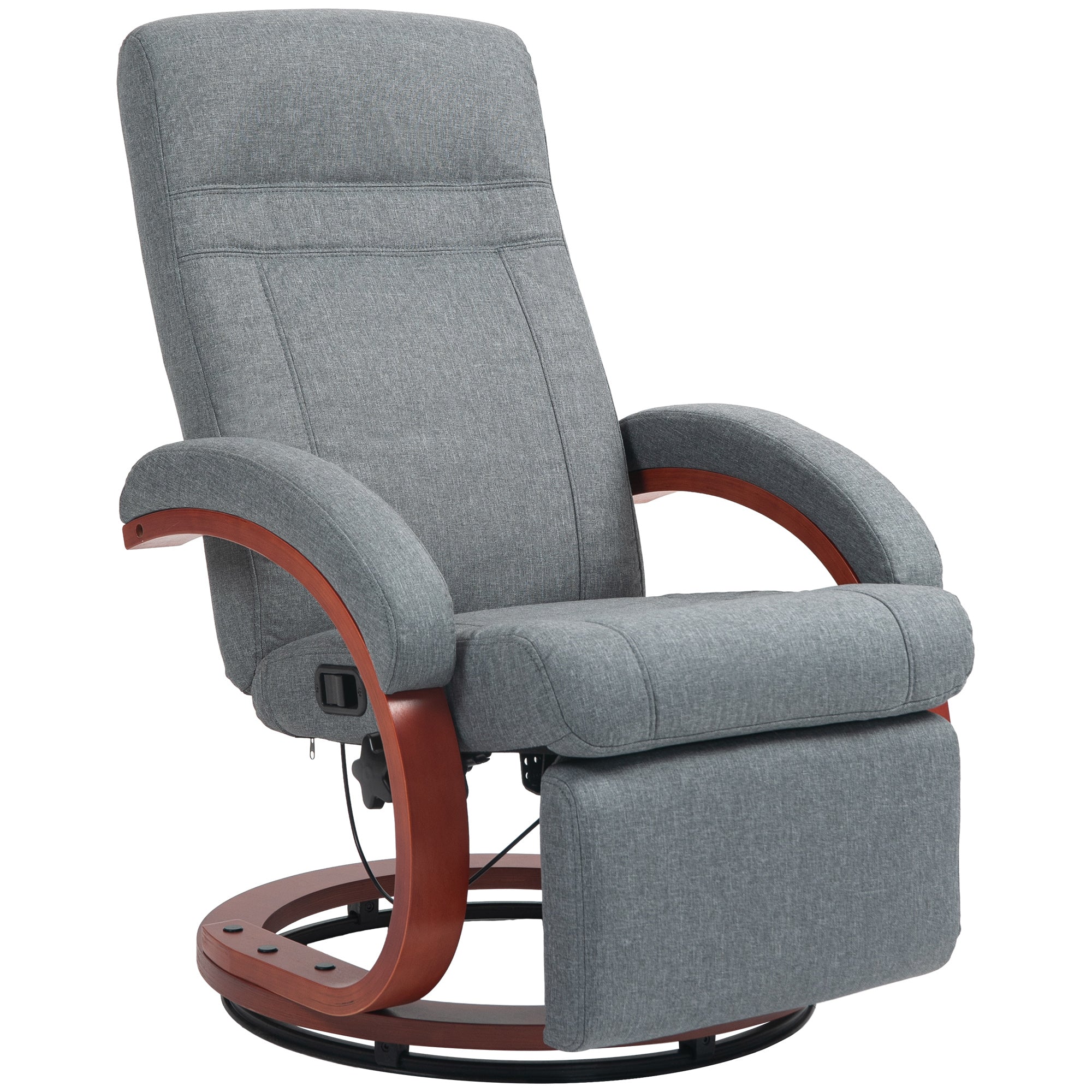 Reclining TV Armchair, Swivel, Adjustable Backrest, Wooden Armrests - Grey Fabric