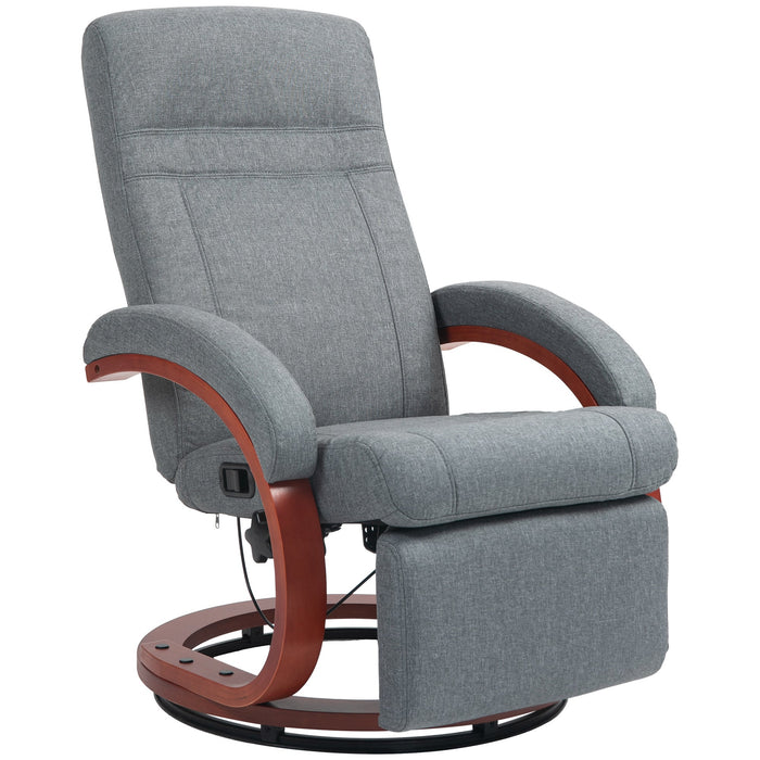 Reclining TV Armchair, Swivel, Adjustable Backrest, Wooden Armrests - Grey Fabric
