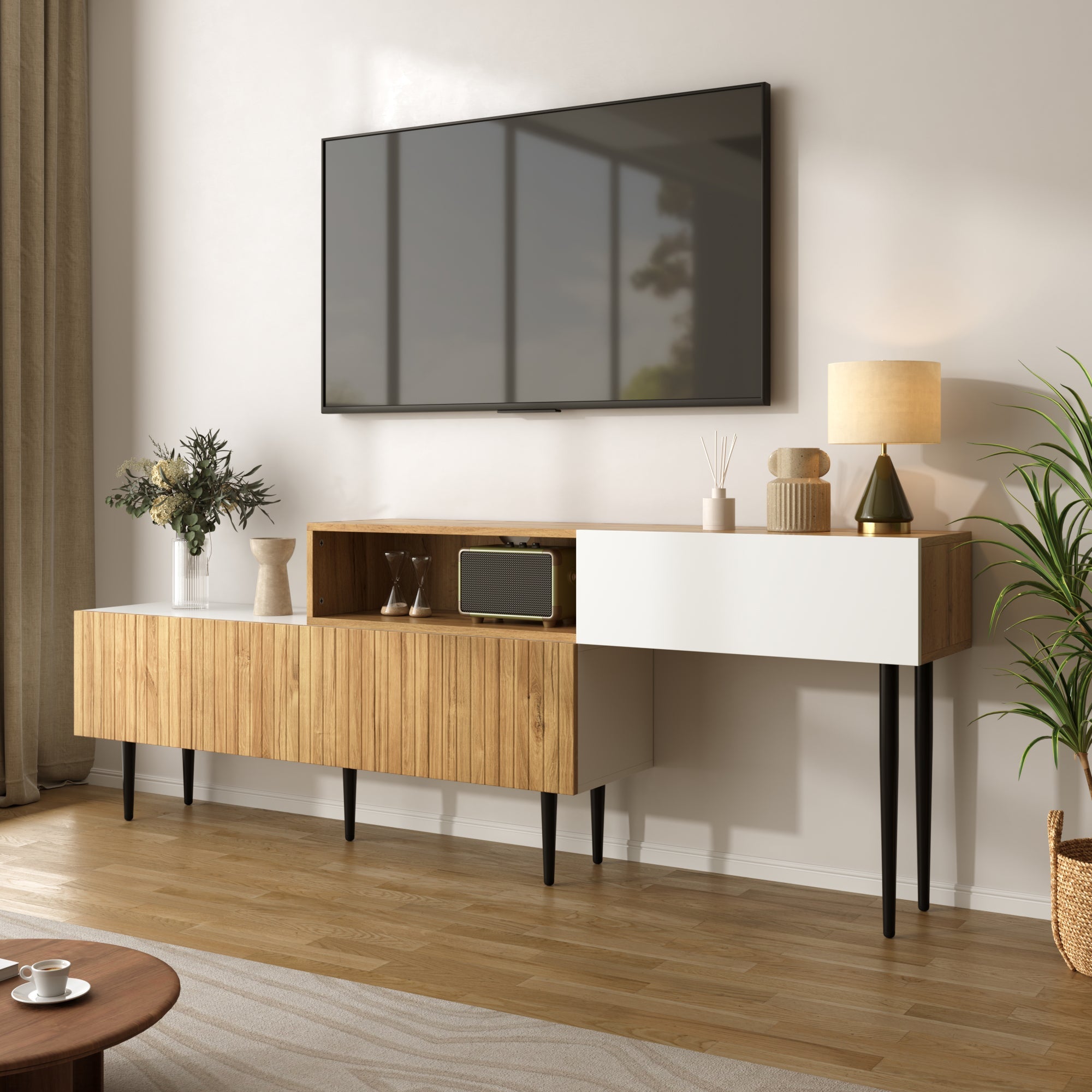 Modern TV Cabinet, adjustable length, modular 2-piece, wood look + matt white, black metal legs