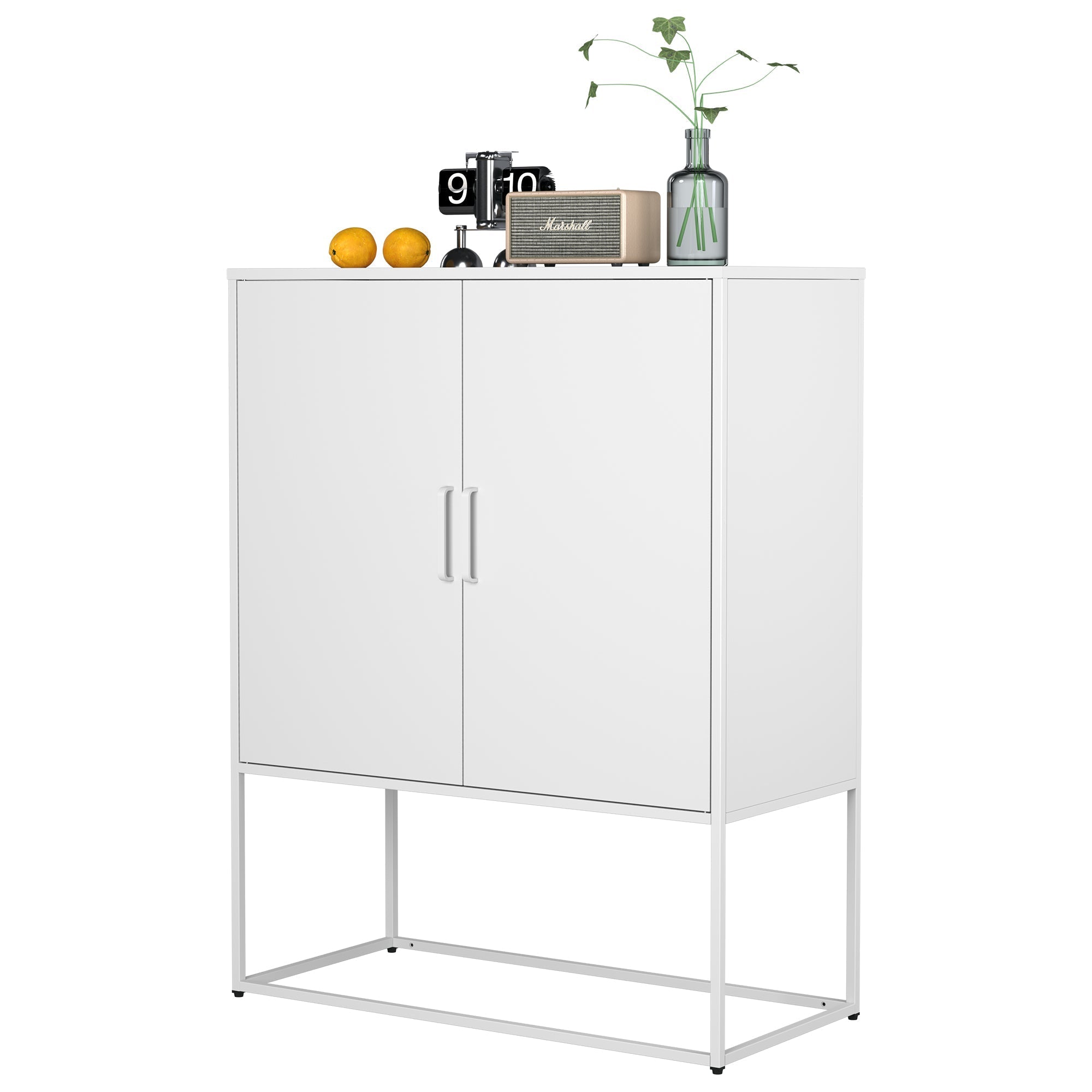Metal Sideboard 2 Shelves Magnetic Doors Freestanding - White