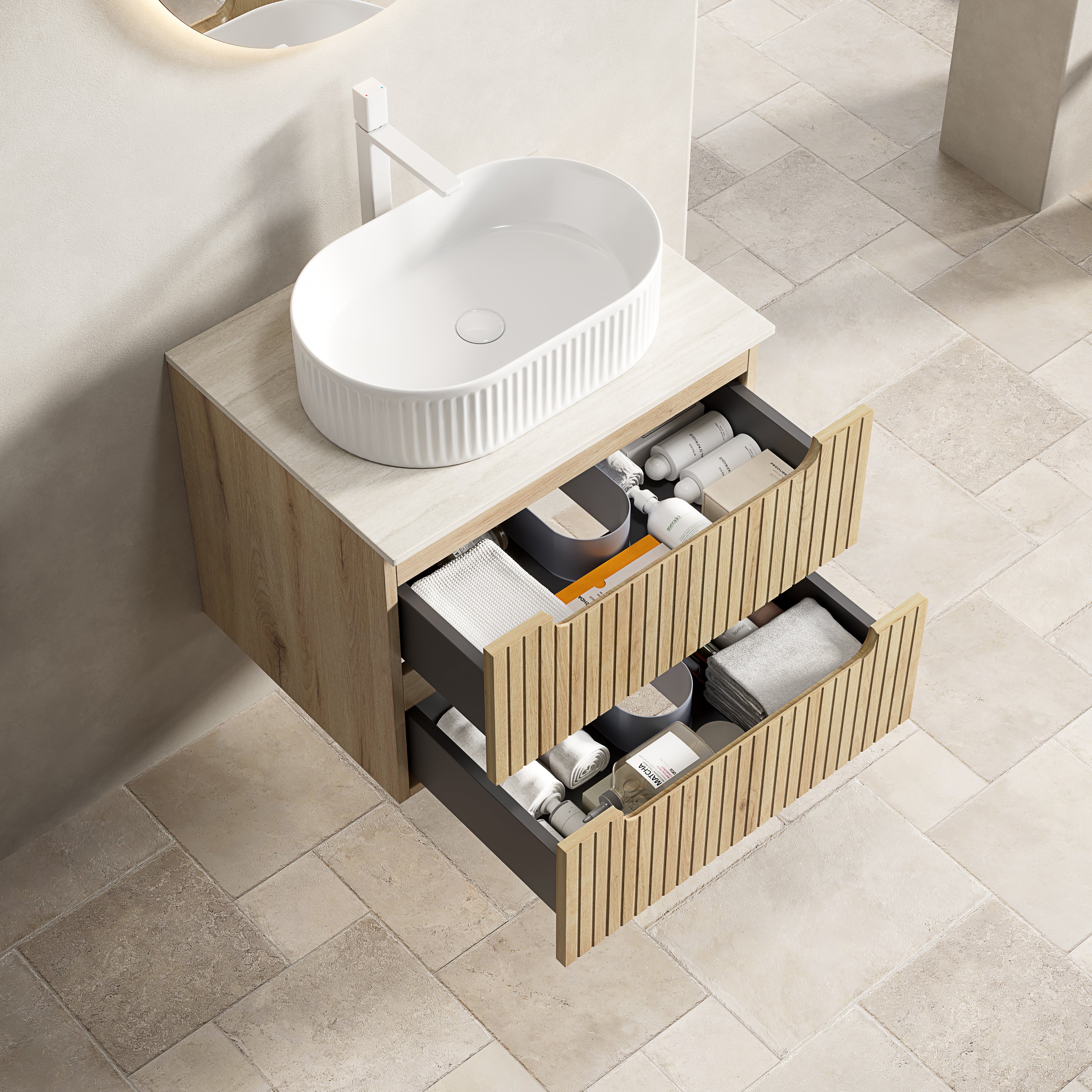 60cm Floating Vanity Oval Sink Sintered Stone Top 2 Drawers - White Oak