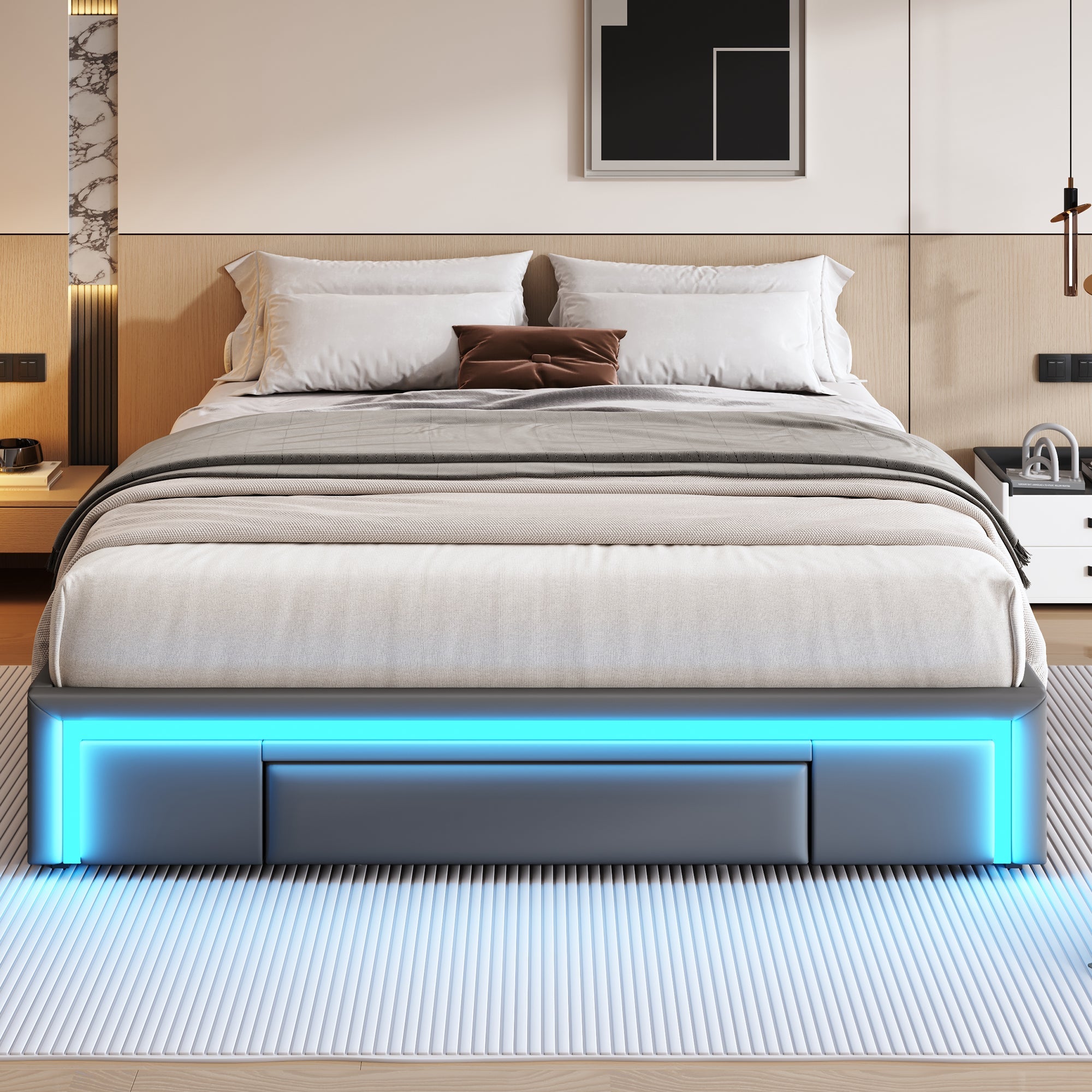 Bed Frame 160x200 with Drawers, LED Light Bar, Metal Slatted Platform, PU Leather Gray