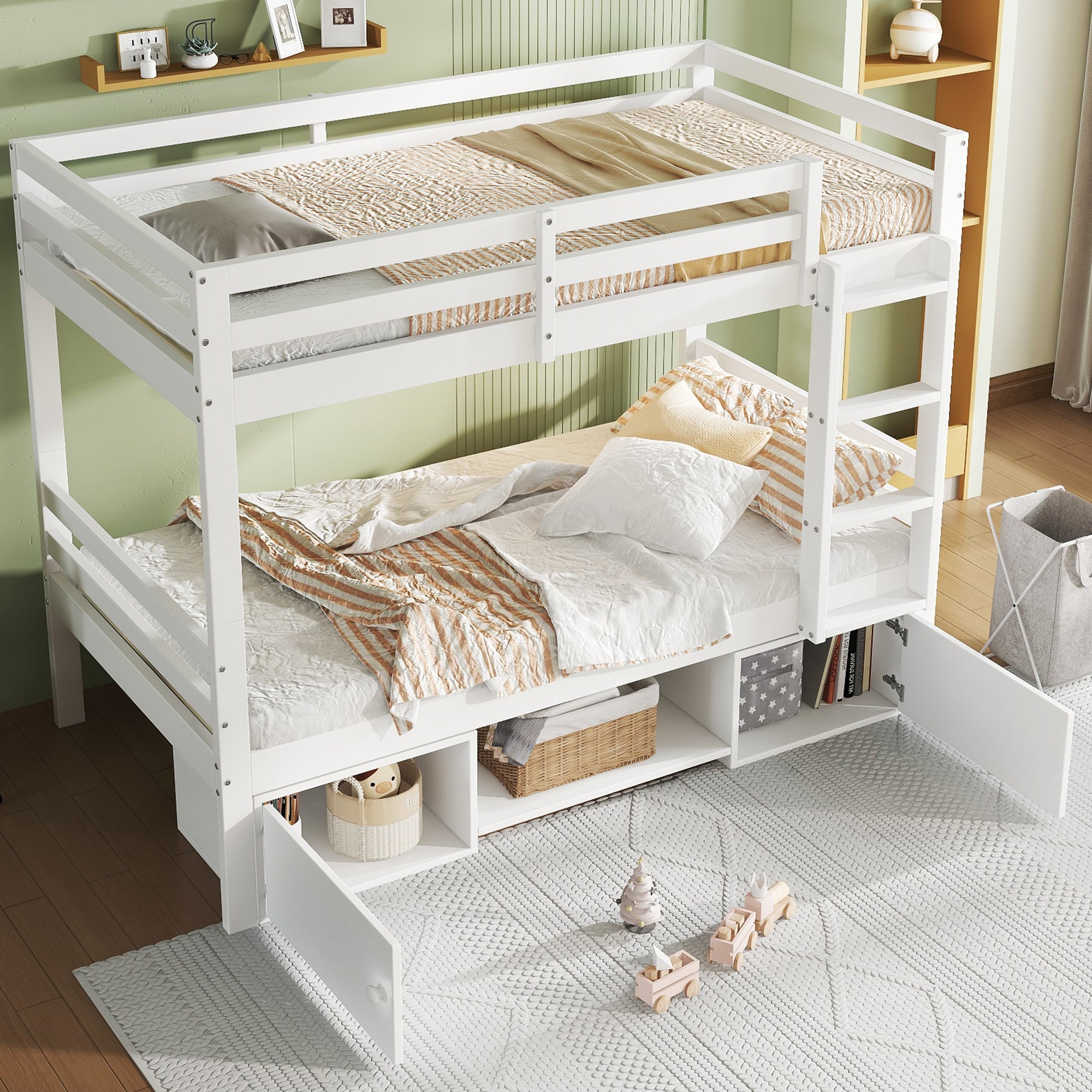 Bunk Bed Children's Shoe Racks Lockers Divisible 2 Single Beds, White 90x200cm