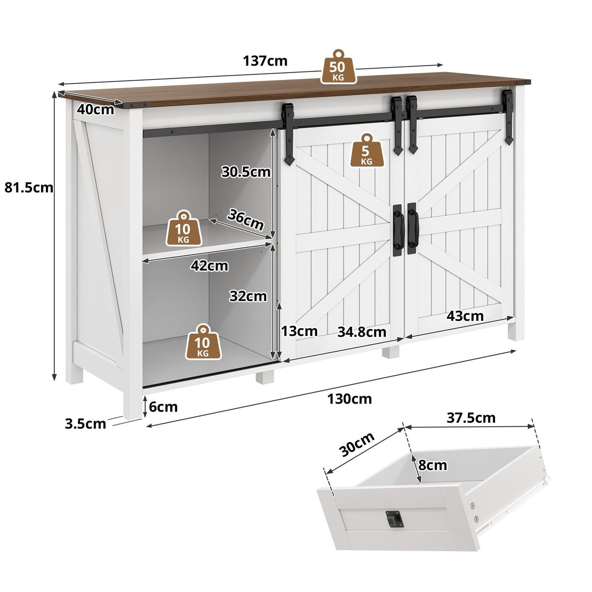 Sideboard 137cm Sliding Doors 4 Drawers Vintage Storage - White