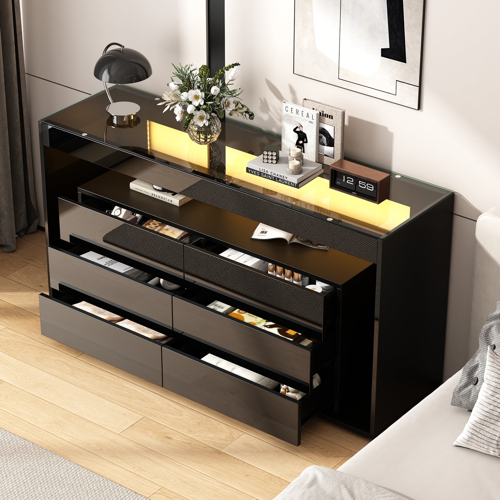 Sideboard, 6-Drawer LED High-Gloss with Tempered Glass Top, Black