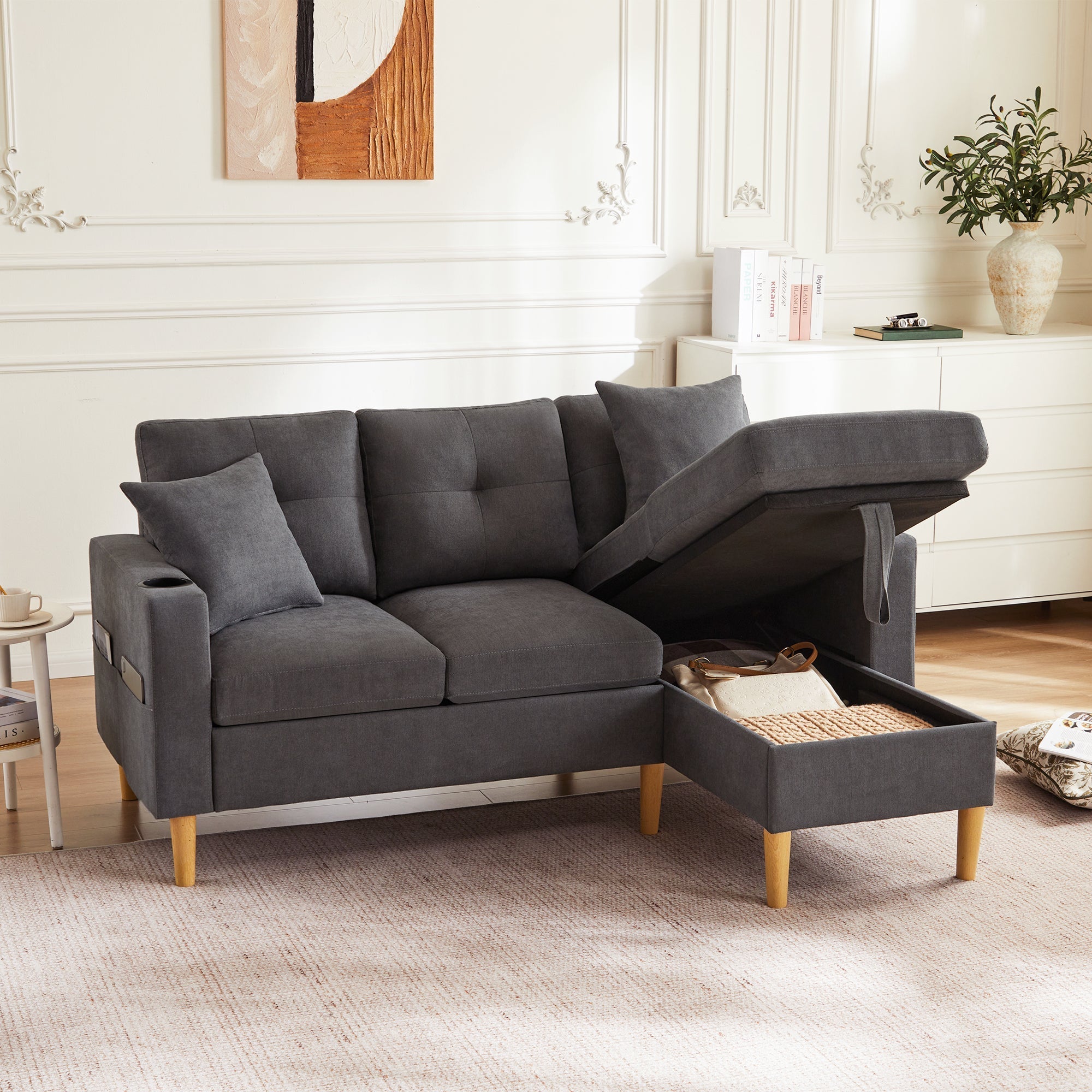 Sofa, L-Shaped Modern 3-Seater with Chaise, Storage, Cup Holder, Pillows