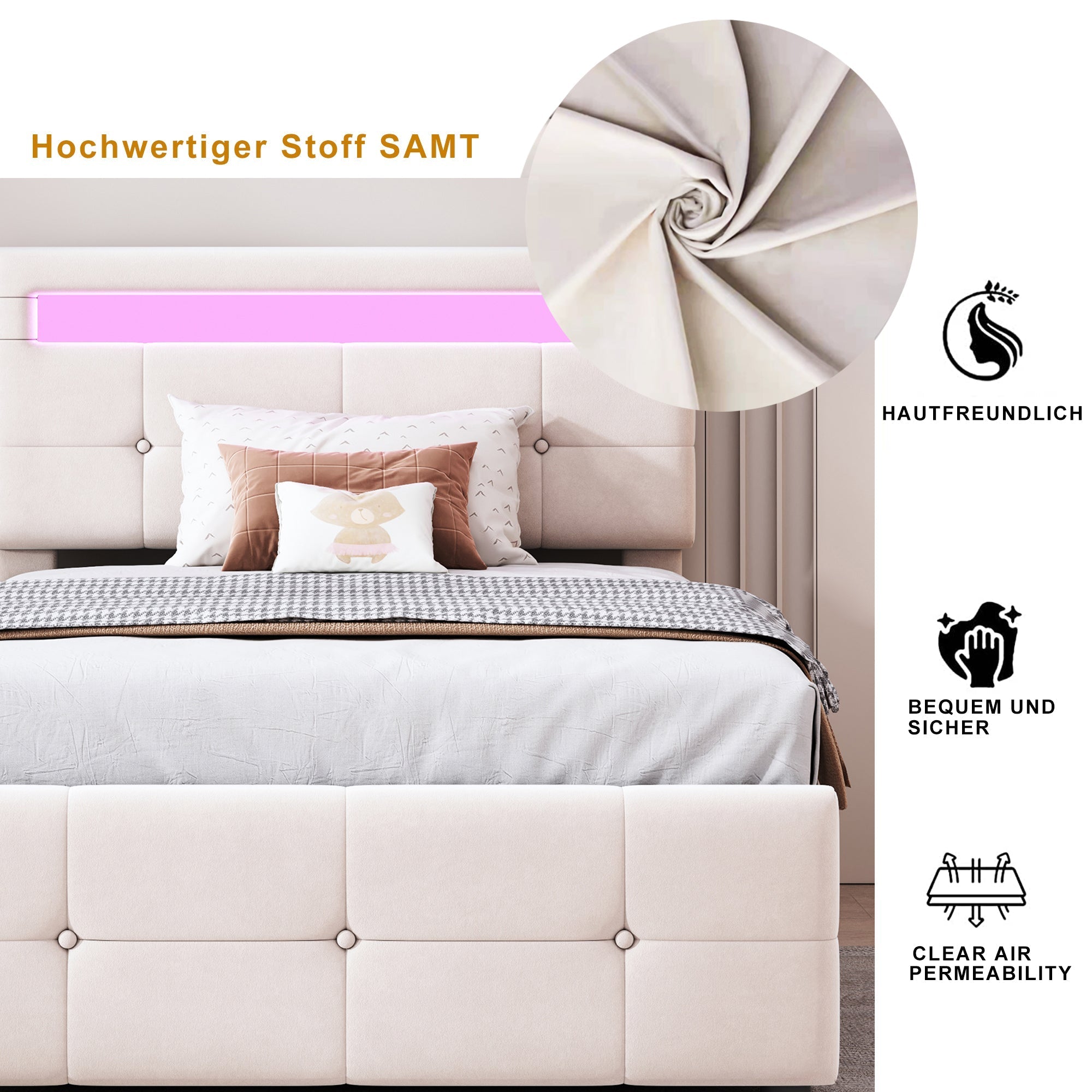 Upholstered Children's Bed with LED Lighting and Hydraulic Storage, Velvet Beige/Grey