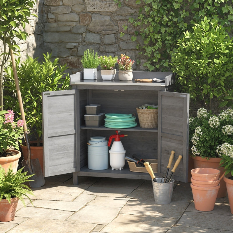 Garden Cabinet Tool Shed Potting Table Galvanized Worktop 2 Shelves - Grey