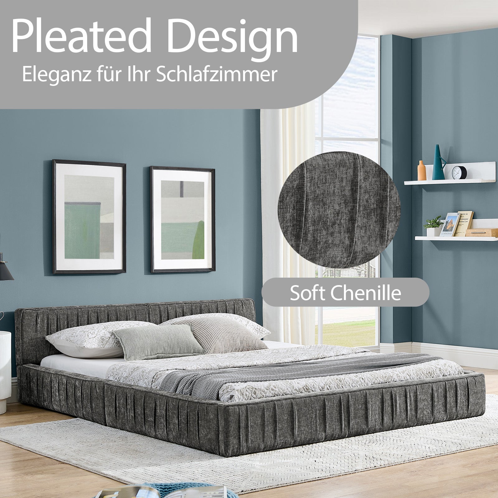 Double Bed 160x200cm Chenille Eucalyptus Wood Iron Frame - Dark Grey