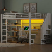 Metal Loft Bed with Desk, Stairs, Storage and LED Light, White