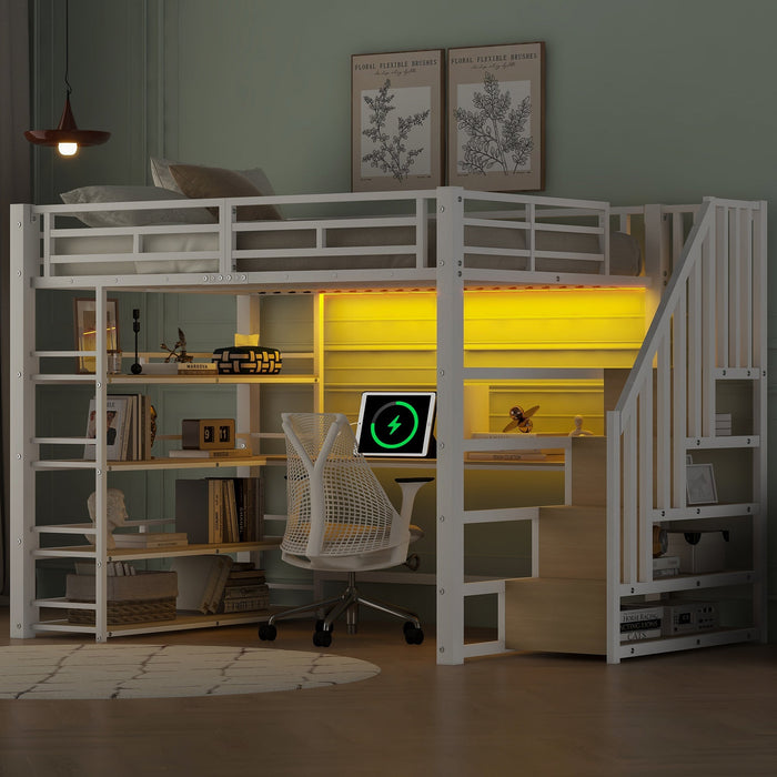 Metal Loft Bed with Desk, Stairs, Storage and LED Light, White