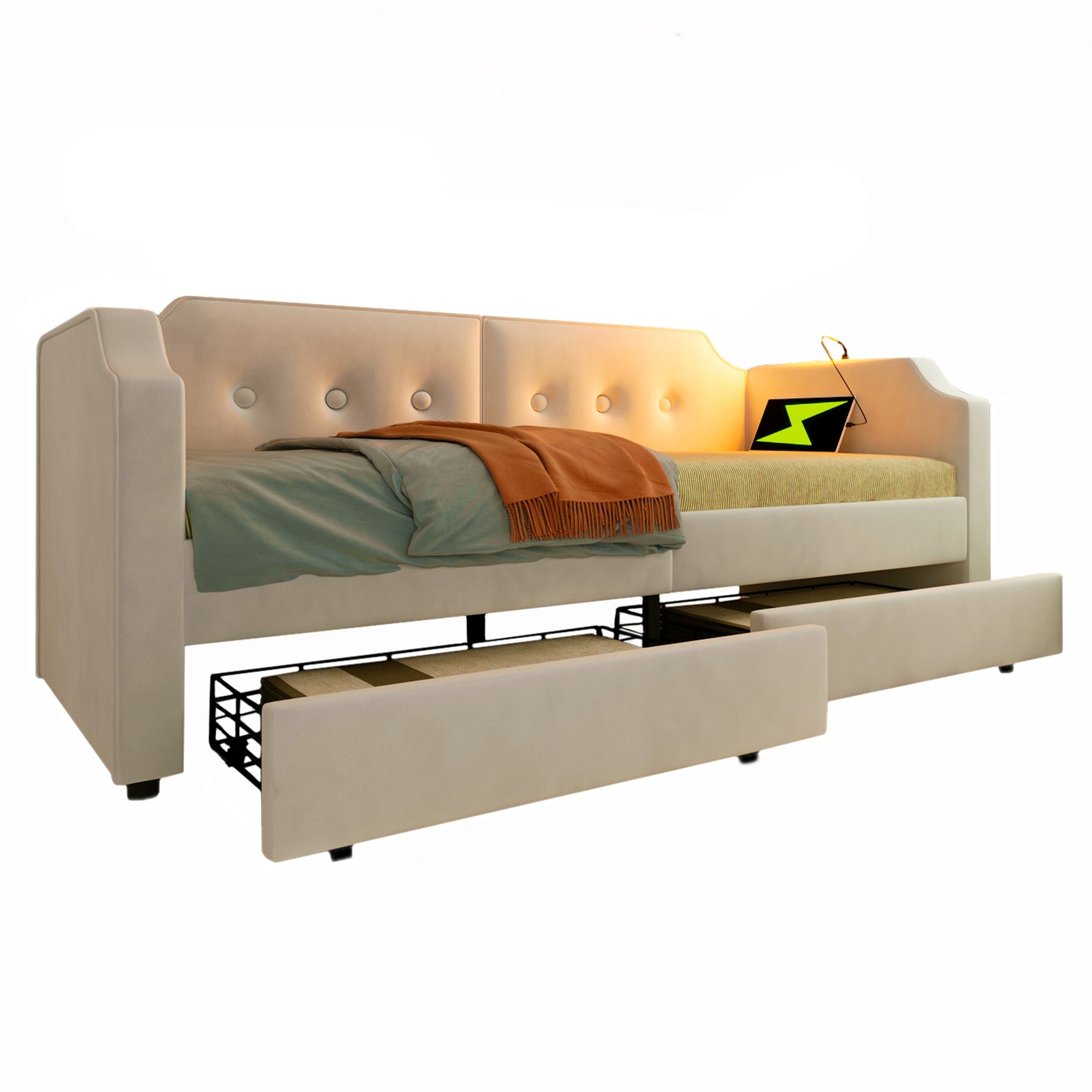 Upholstered Sofa Bed, 90x200 cm, USB Type-C Light, 2 Drawers, Velvet Beige