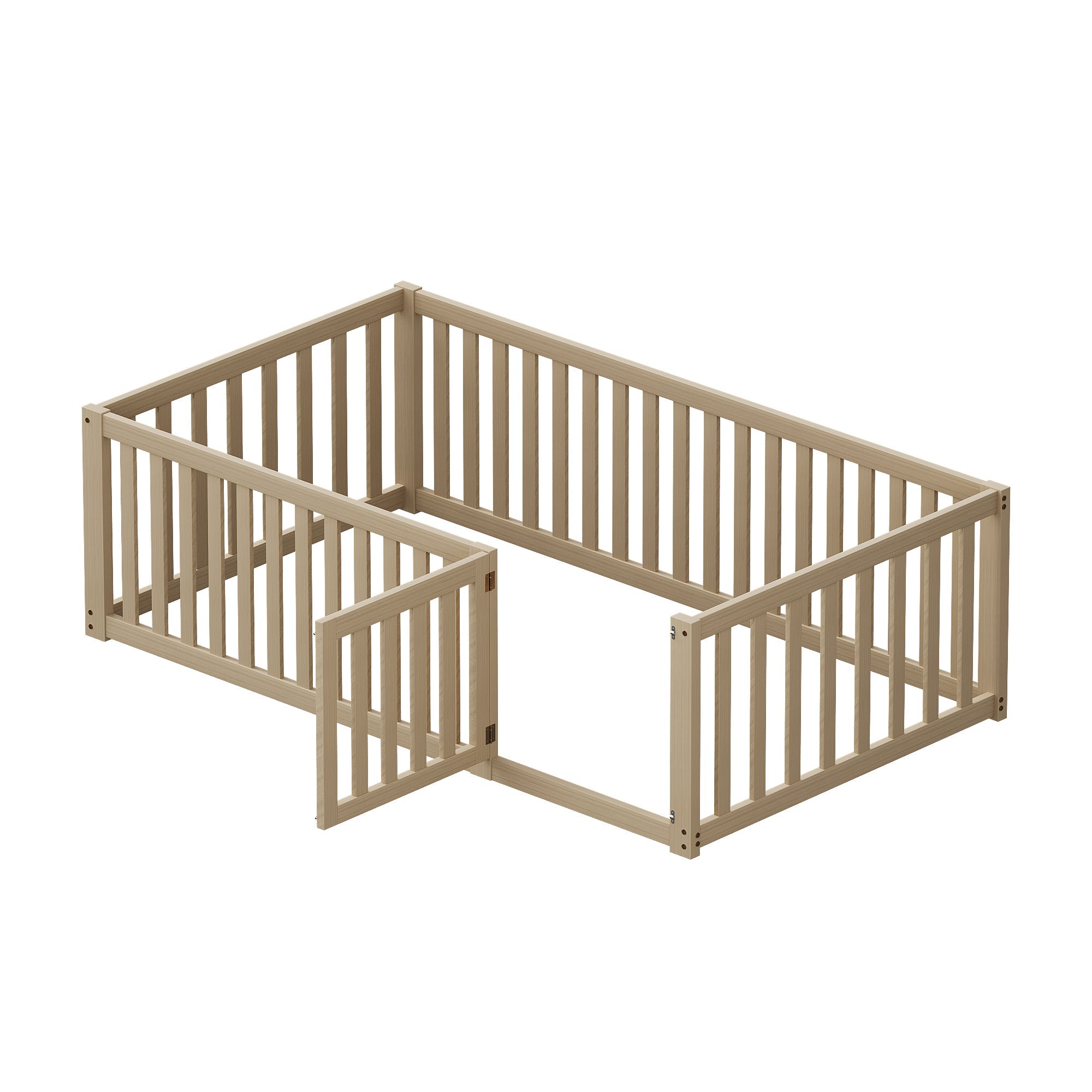 Children's bed 90 x 200, floor bed frame with fence and door, wood