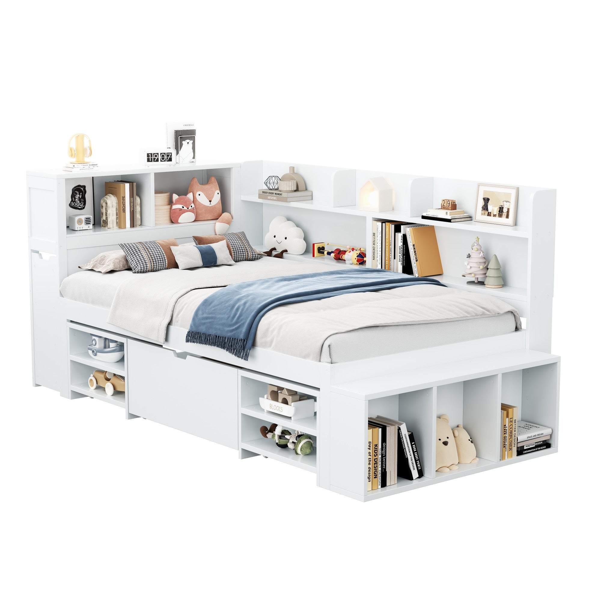 Children's Single Bed 90x200cm Storage Drawers Bookshelf - White