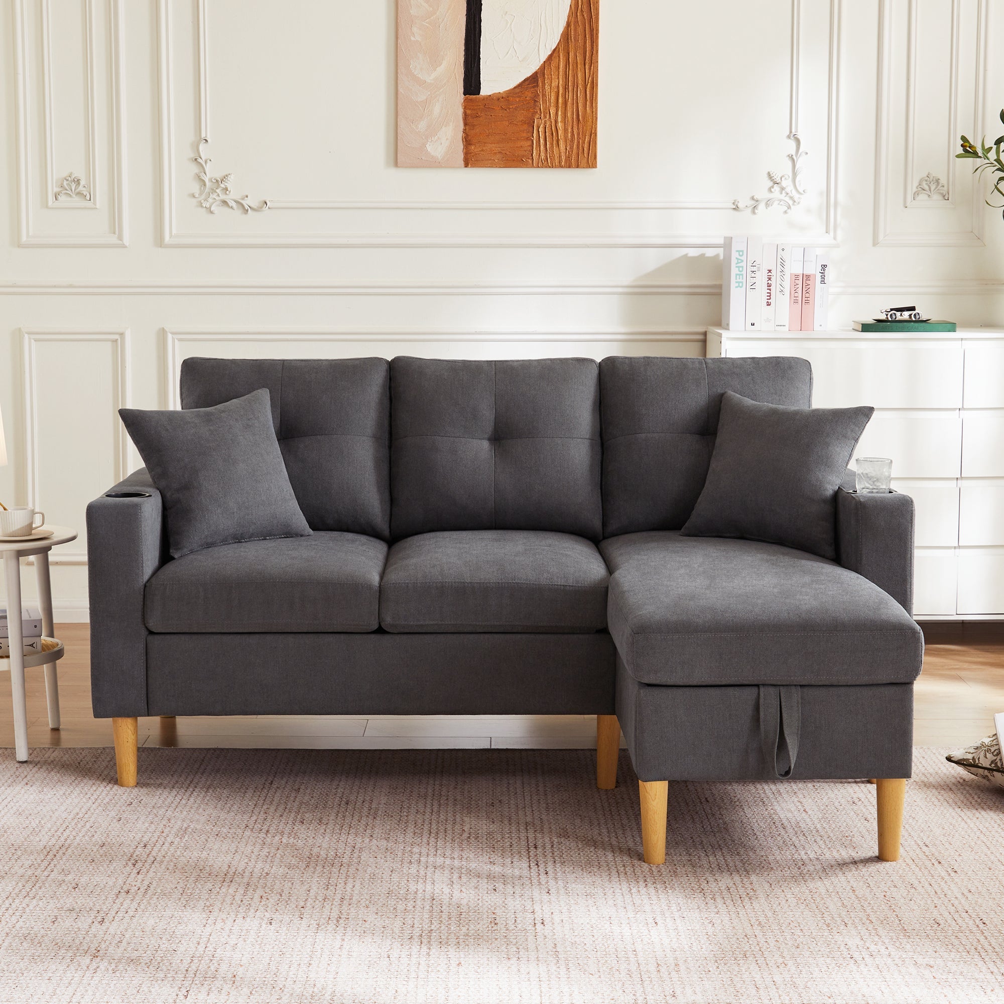 Sofa, L-Shaped Modern 3-Seater with Chaise, Storage, Cup Holder, Pillows