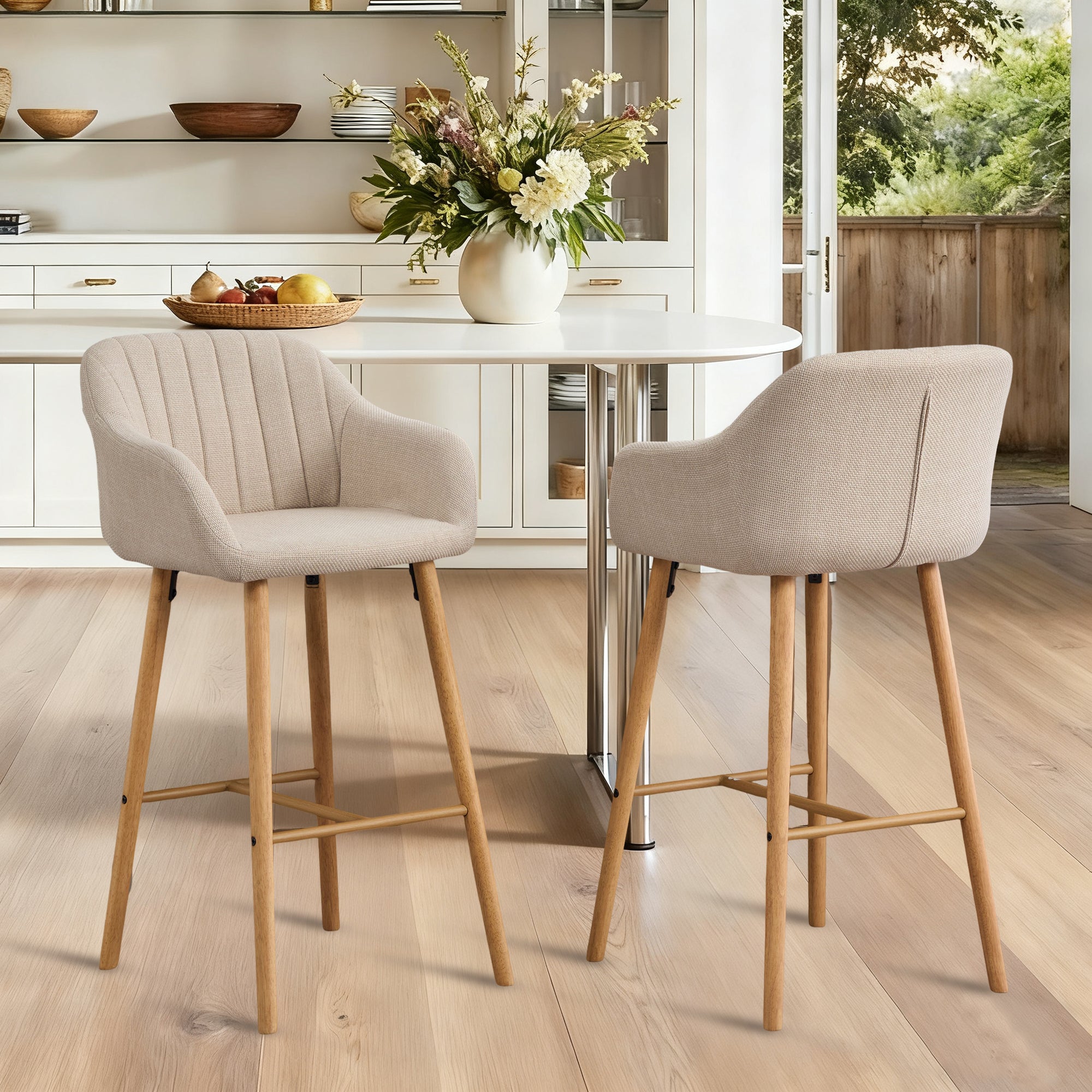 Bar Stools, Set of Two, High Backrest & Armrests, Linen & Wooden Legs