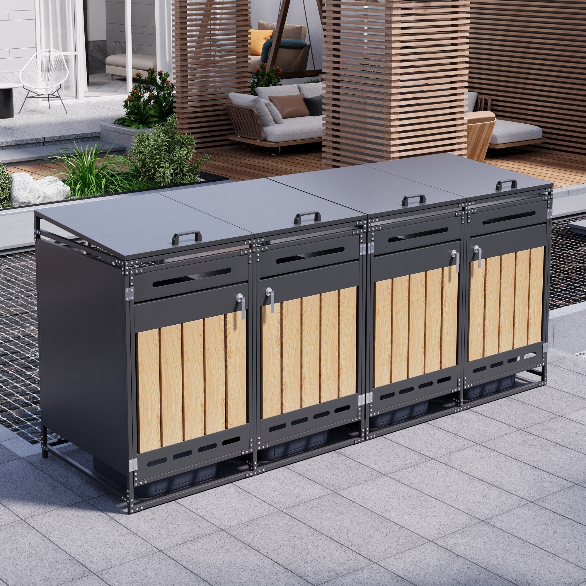 Bin Storage Cabinet, Set of 4 with Hydraulic Lids and Vertical Cladding, Iron Wood-Look
