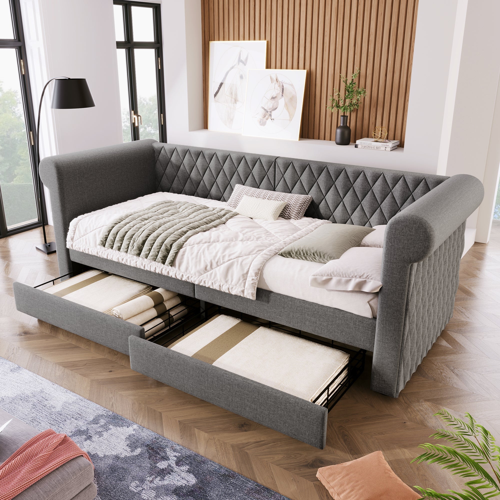 Vintage Headboard Upholstered Bed, 90x200 cm Daybed with 2 Storage Drawers, Linen Gray