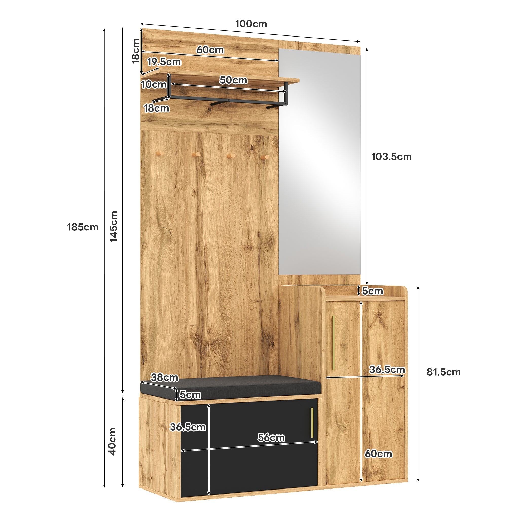Compact Wardrobe Set, Mirror Bench Shoe Cabinet Hooks, Wood Look